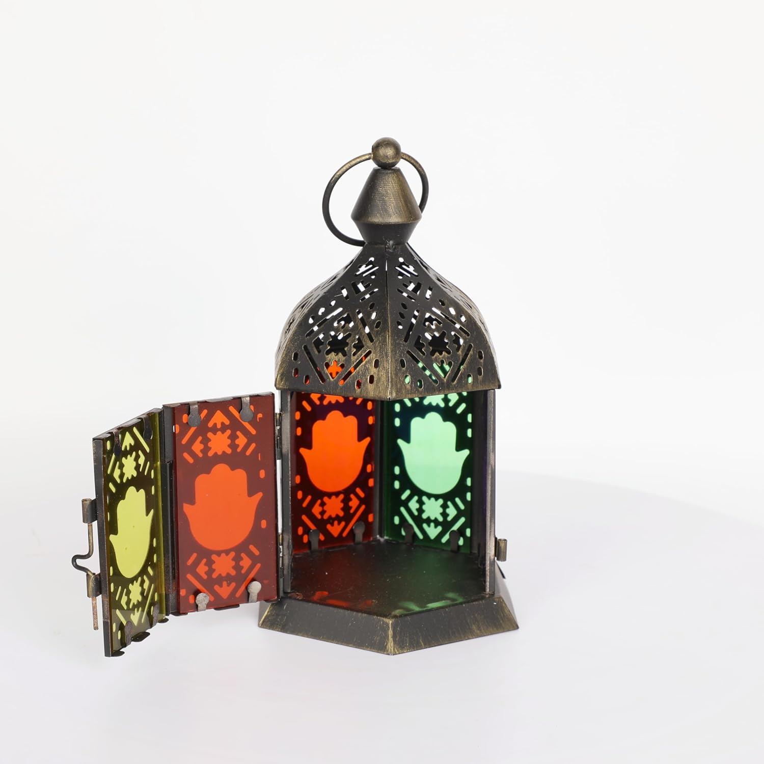 2 Pack Moroccan Style Candle Lantern, Small Tealight Candle Holder with Transparent Flower Glass Panels, Hanging Lantern Outdoor for Ramadan, Decorative Metal Lamp for Patio, Weddings 6.5inch（Bronze）