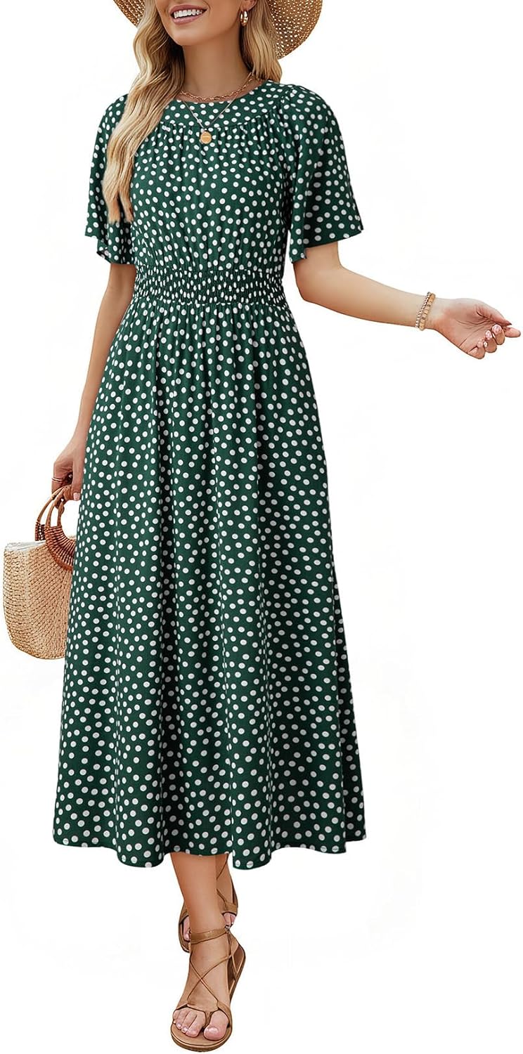 Dokotoo Women's 2026 Summer Spring Boho Midi Maxi Dresses Casual Short Sleeve A Line Flowy Beach Vacation Dress