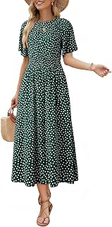 Dokotoo Women's Smocked Waist Print Midi Maxi Dress - Flutter Sleeve A-Line Casual Summer Dress