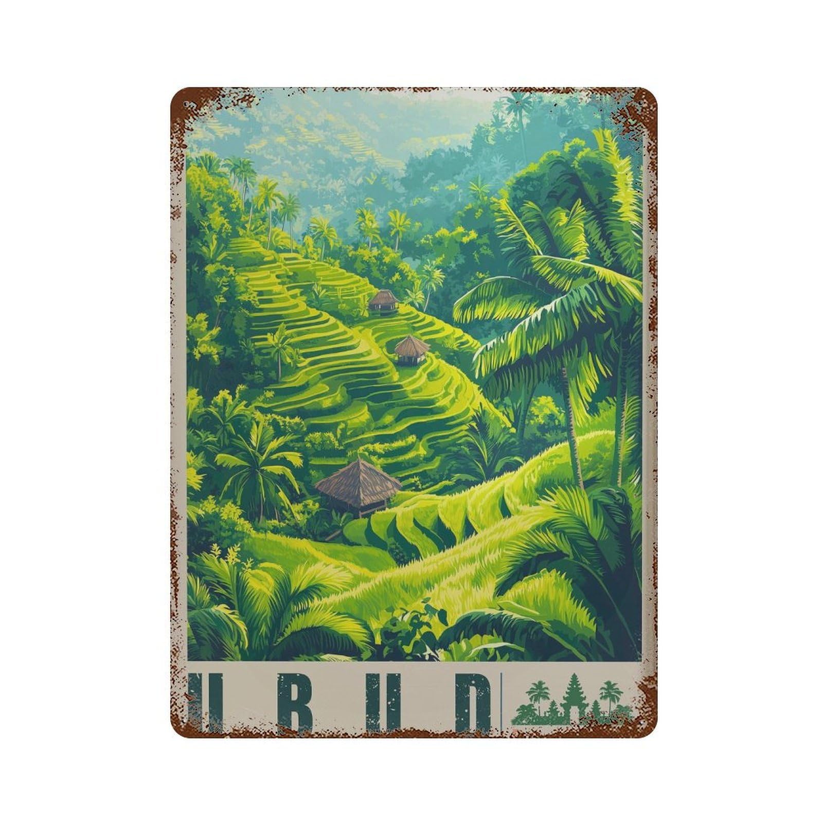 xiaoxiaoshen Ubud Bali Rice Terrace Tropical Landscape Travel Wall Decor Art Metal Tin Poster Modern Home Decor Art Home Bar Shop Decorations Vintage Sign 40x30cm
