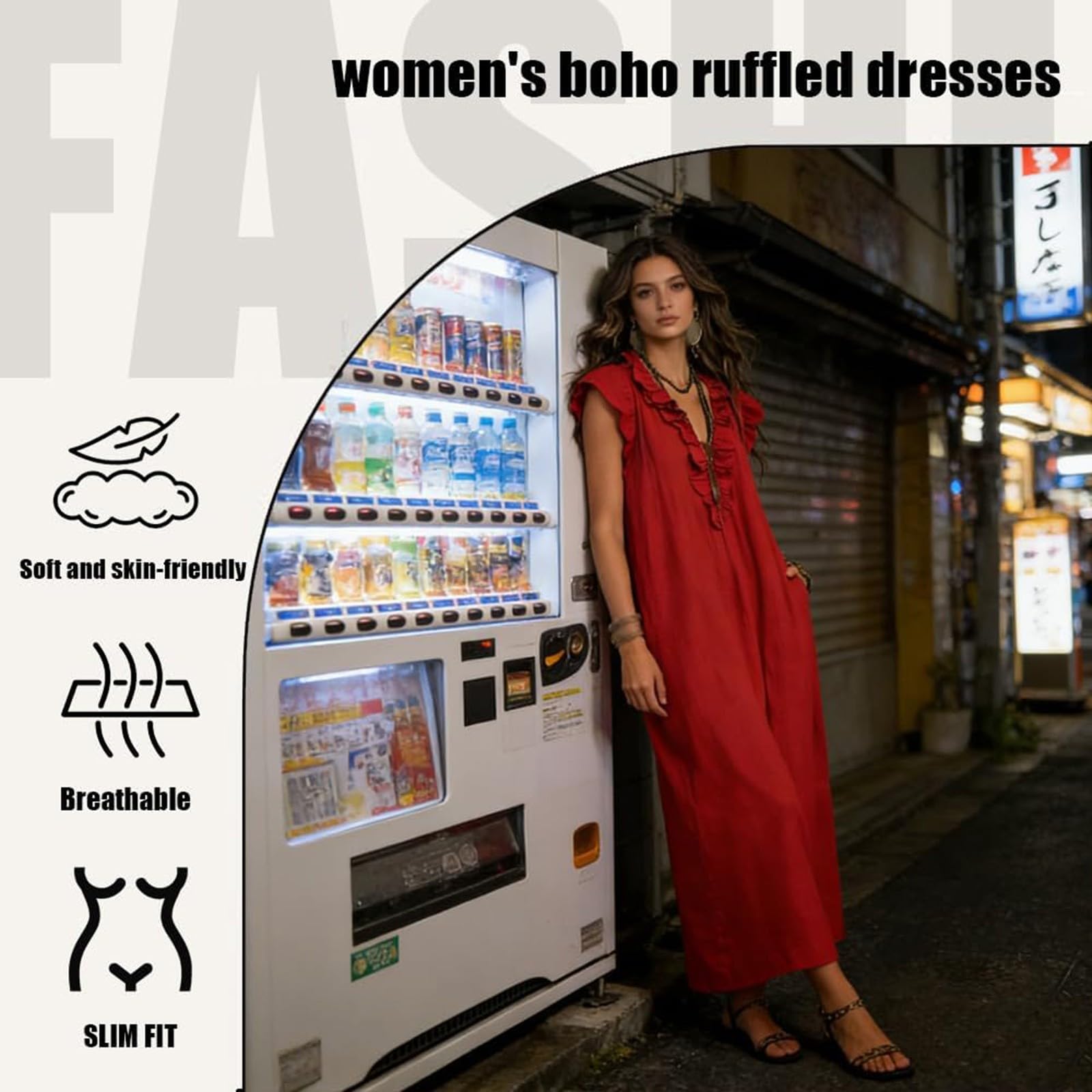 Robe sans manches – Robe longue d'été pour femme, col en V, couleur unie, plissée, épaules à volants, robe fraîche et respirante, robe décontractée, style bohème pour les vacances