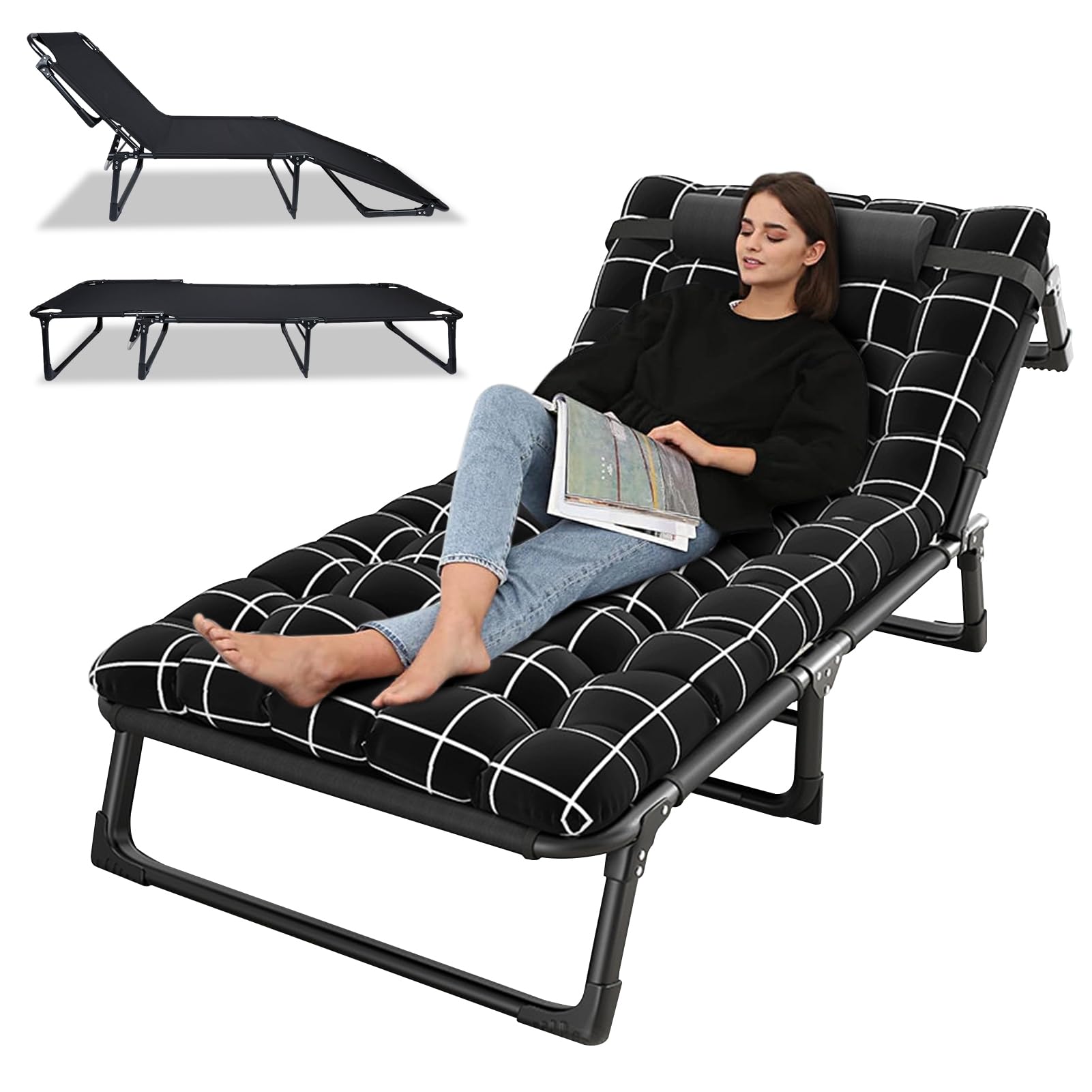 Portable Chaise Lounge Chair 4-Position Adjustable, Folding Outdoor Tanning Chairs,Portable Reclining Chair with Pillow for Beach,Lawn,Camping,Pool,