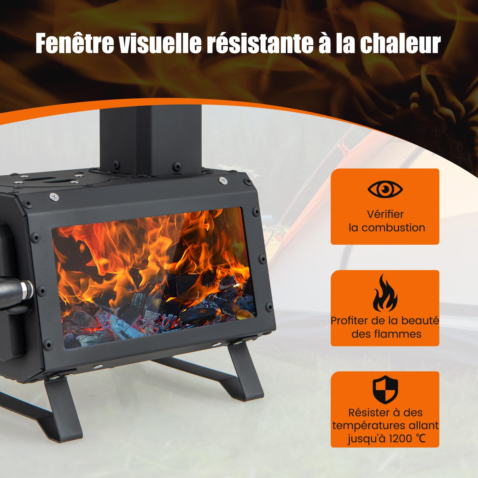 GOPLUS Mini Poêle à Bois Portable, Four à Bois Pliable de Camping avec 2 Positions de Cuisson, Poignée & Fenêtre Visuelle en Verre, pour Extérieur Pique-Nique BBQ Camping Randonnée