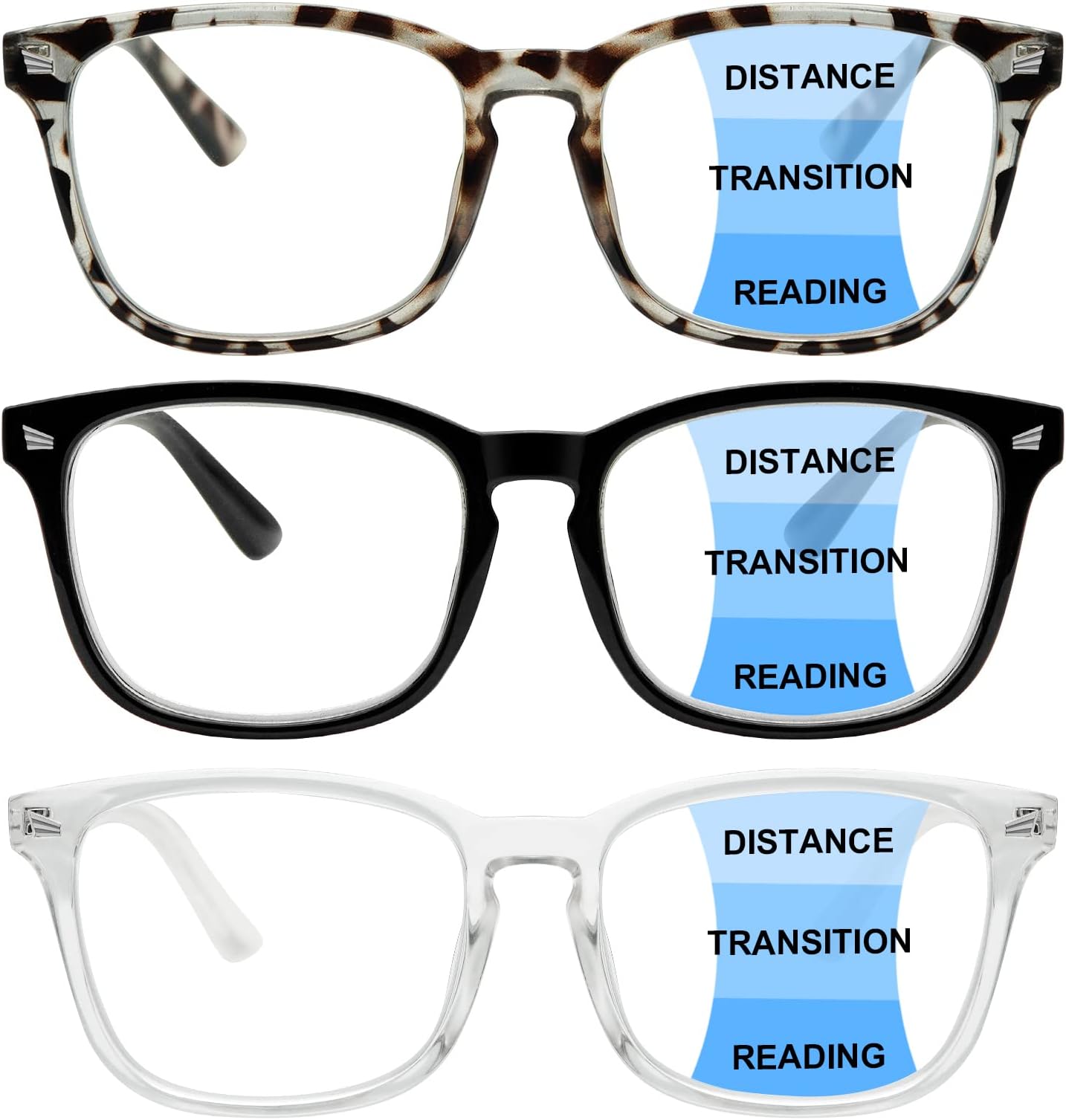 3 Pack Progressive Multifocus Reading Glasses Blue Light Blocking Men Women Spring Hinges Square Computer Readers (3 Mix Color, 2.50)