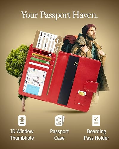 Miniatura 3 de Funda para pasaporte con bloqueo RFID, funda de cuero hecha a mano para pasaporte, organizador de documentos de viaje para hombres y mujeres, Rojo