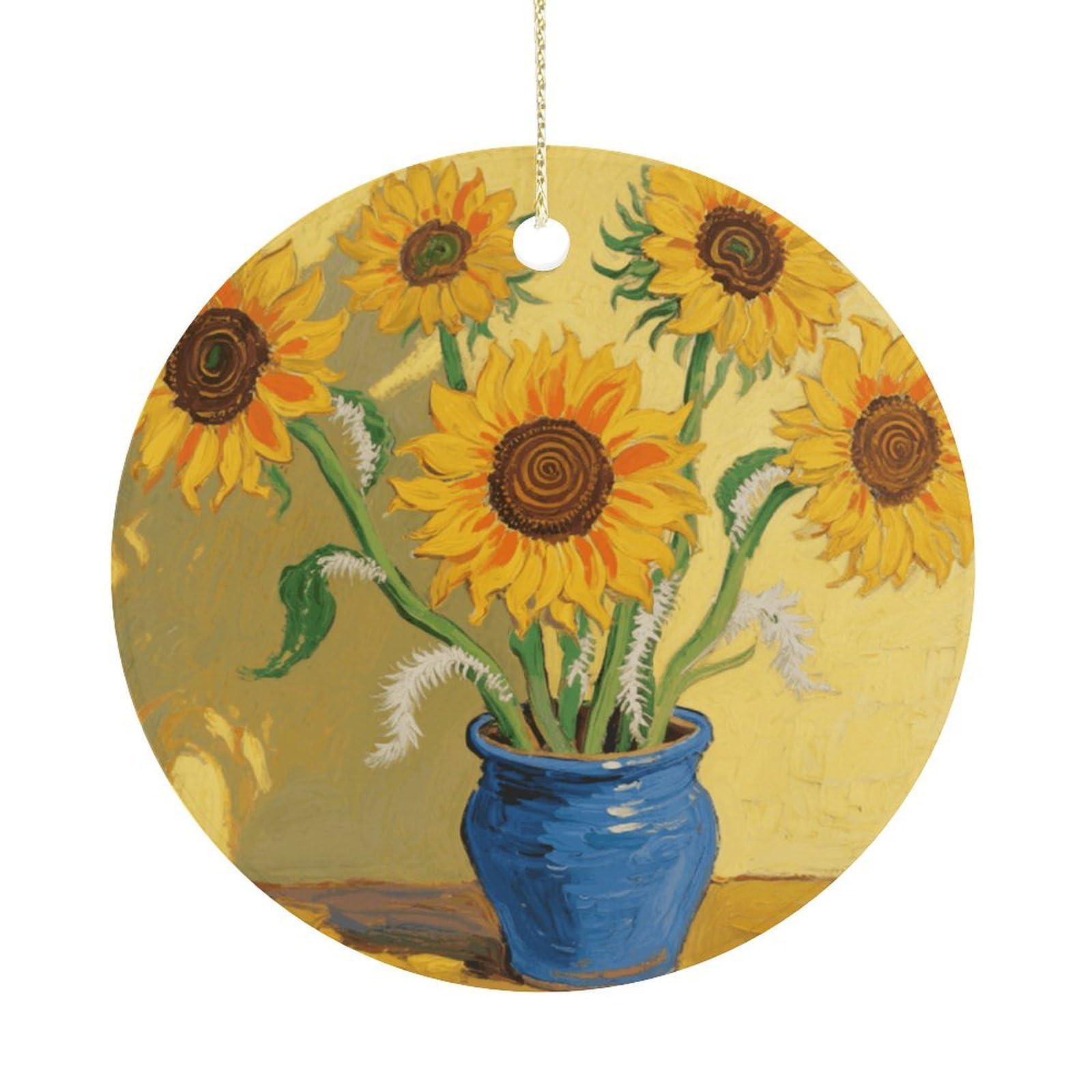 Personalized Christmas Ornaments 2025 Ceramic Hanging Sunflower Ornaments with Gold String Double-Sided Vintage Holiday Decorations for Tree Mantel Tabletop Xmas Party Favors