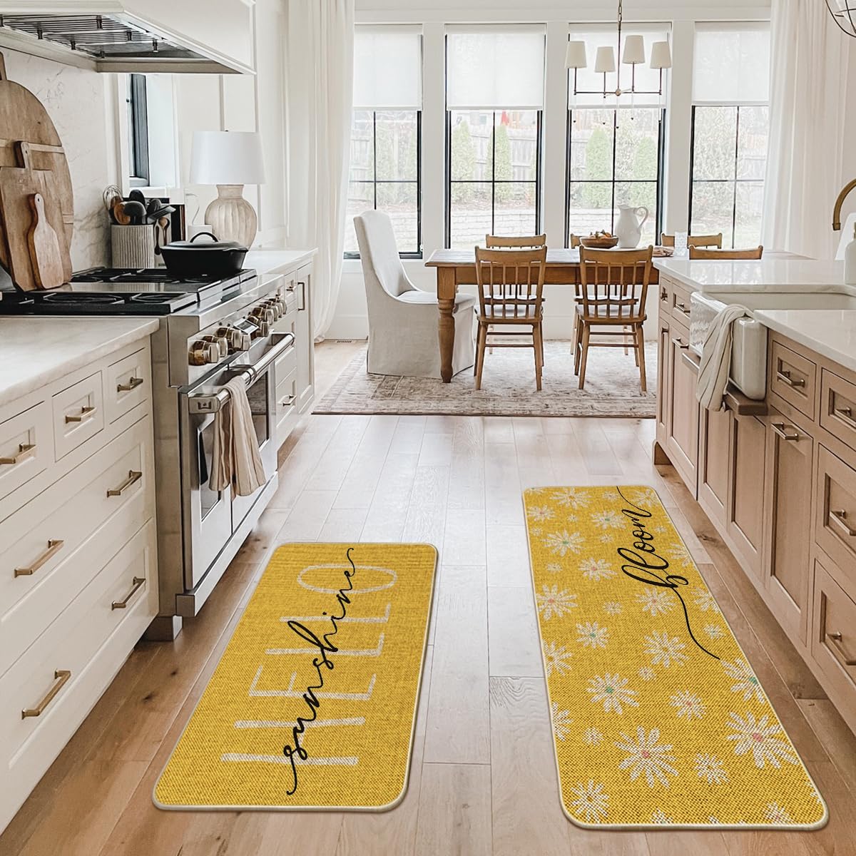 Artoid Mode Yellow Daisy Hello Sunshine Bloom Spring Kitchen Mats Set of 2, Home Decor Low-Profile Kitchen Rugs for Floor - 24x35 and 24x59 Inch