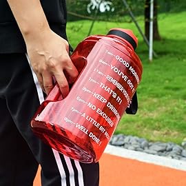 QuiFit Motivational Gallon Water Bottle - with Straw & Time Marker BPA Free Large Reusable Sport Water Jug with Handle for Fitness Outdoor Enthusiasts Leak-Proof (Red,1 gallon)