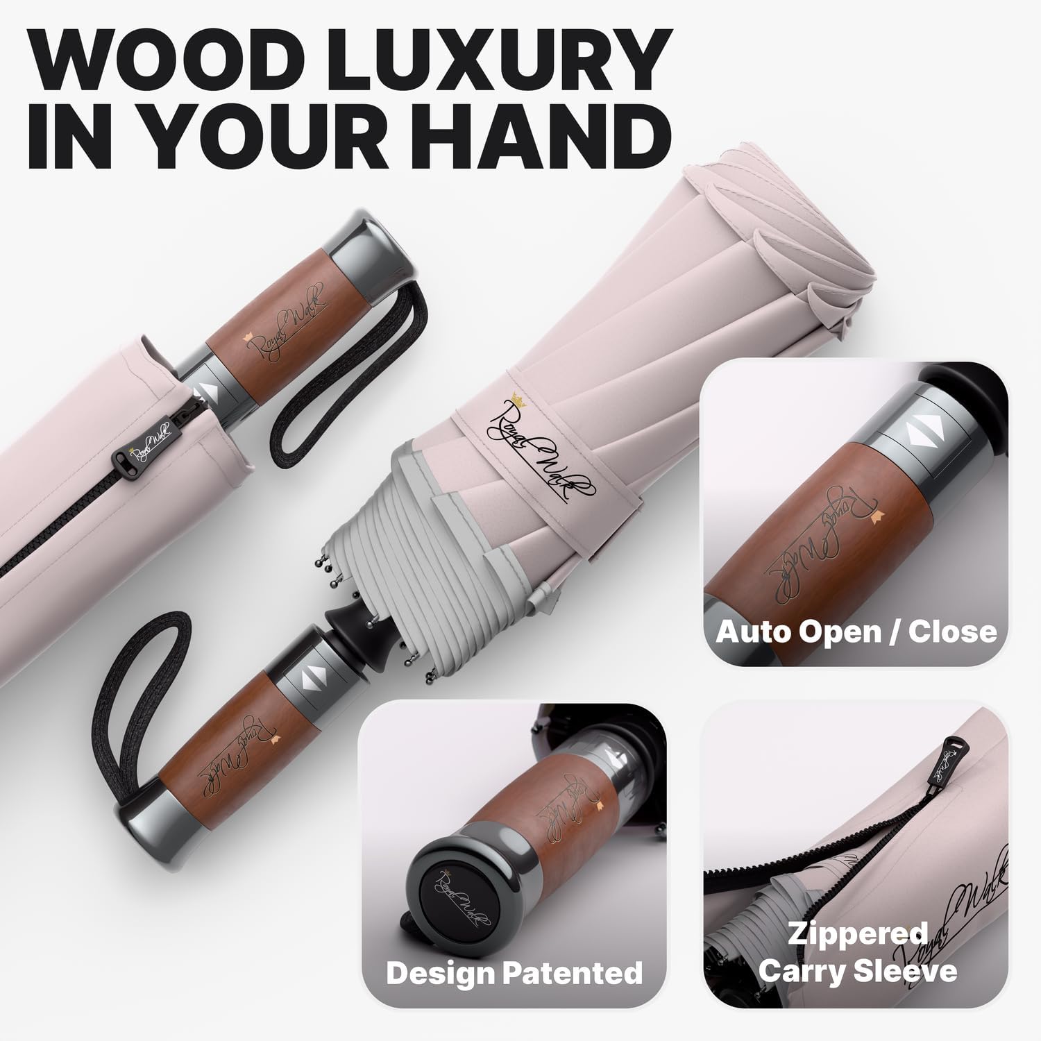 Royal Walk Windproof Folding Travel Umbrella Compact and Strong Luxurious Real Wood Handle Automatic Open Close Vented Double Canopy for Men and Women - Image 3