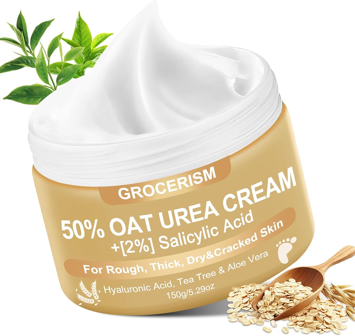 50% Oat Urea Foot Cream Maximum Strength for Dry Skin, 5.29 oz | with 2% Salicylic Acid, Hyaluronic Acid, Tea Tree & Aloe Vera, Intensive Foot Care, Softens Dry, Rough, Callused Skin