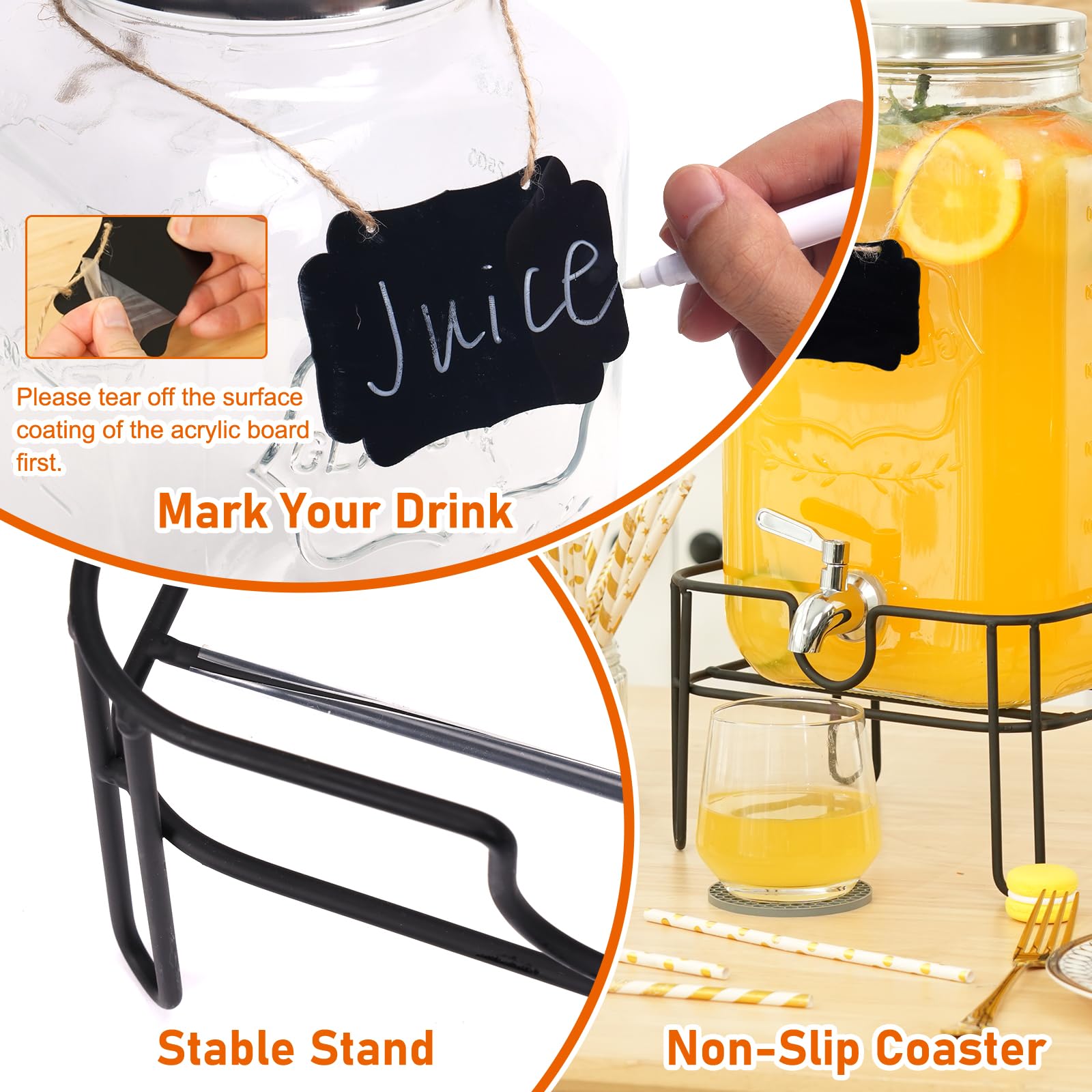 Moretoes Dispensador de bebidas de vidrio para fiestas, paquete de 2 dispensadores de bebidas de 2 galones con soporte para jugo y té helado, dispensador de jarra de agua para limonada, jarra de
