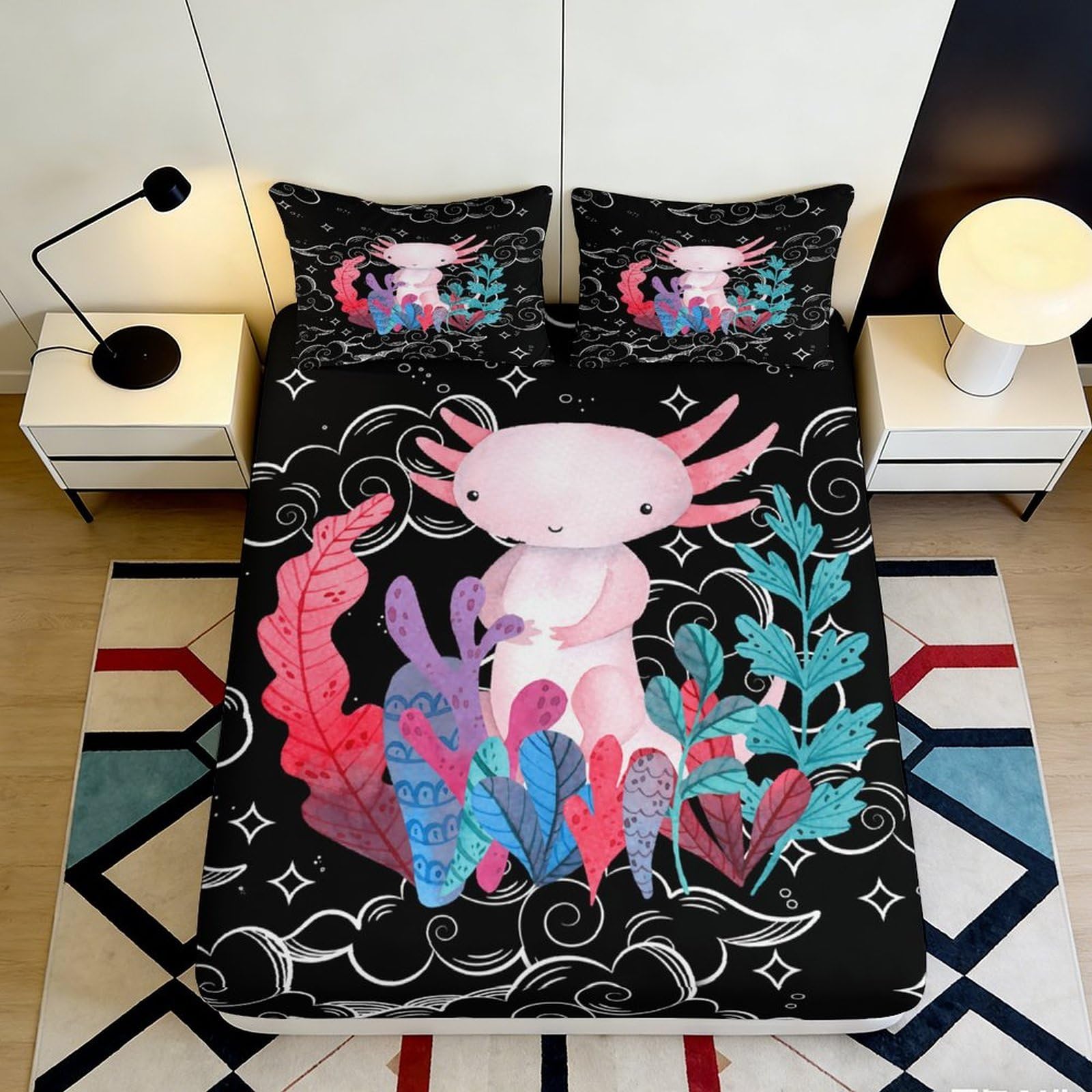 3D Printed Axolotl Pattern Fitted Sheet Microfiber Deep Pocket Bedroom Bedding Elastic Hem Axolotl Mattress Fitted Cover Washable for Adults Teens 200x200x25cm 90x200x25cm