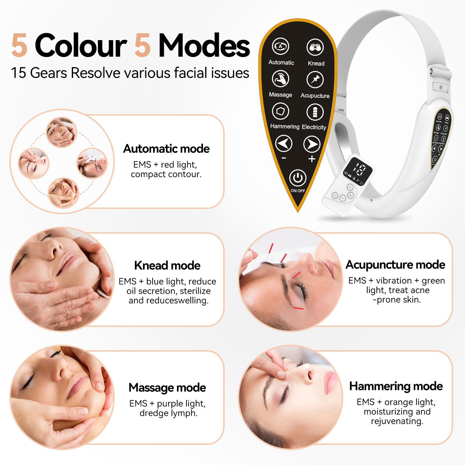 V-Face Shaping Massager Electric, EMS Facelifting Dispositivo 5 Modos 5 Niveles de Intensidad Azul Lámpara de Luz Roja Masajeador Facial Masajeador Facial V Shape Face Doppelkinn Reductor con Mando