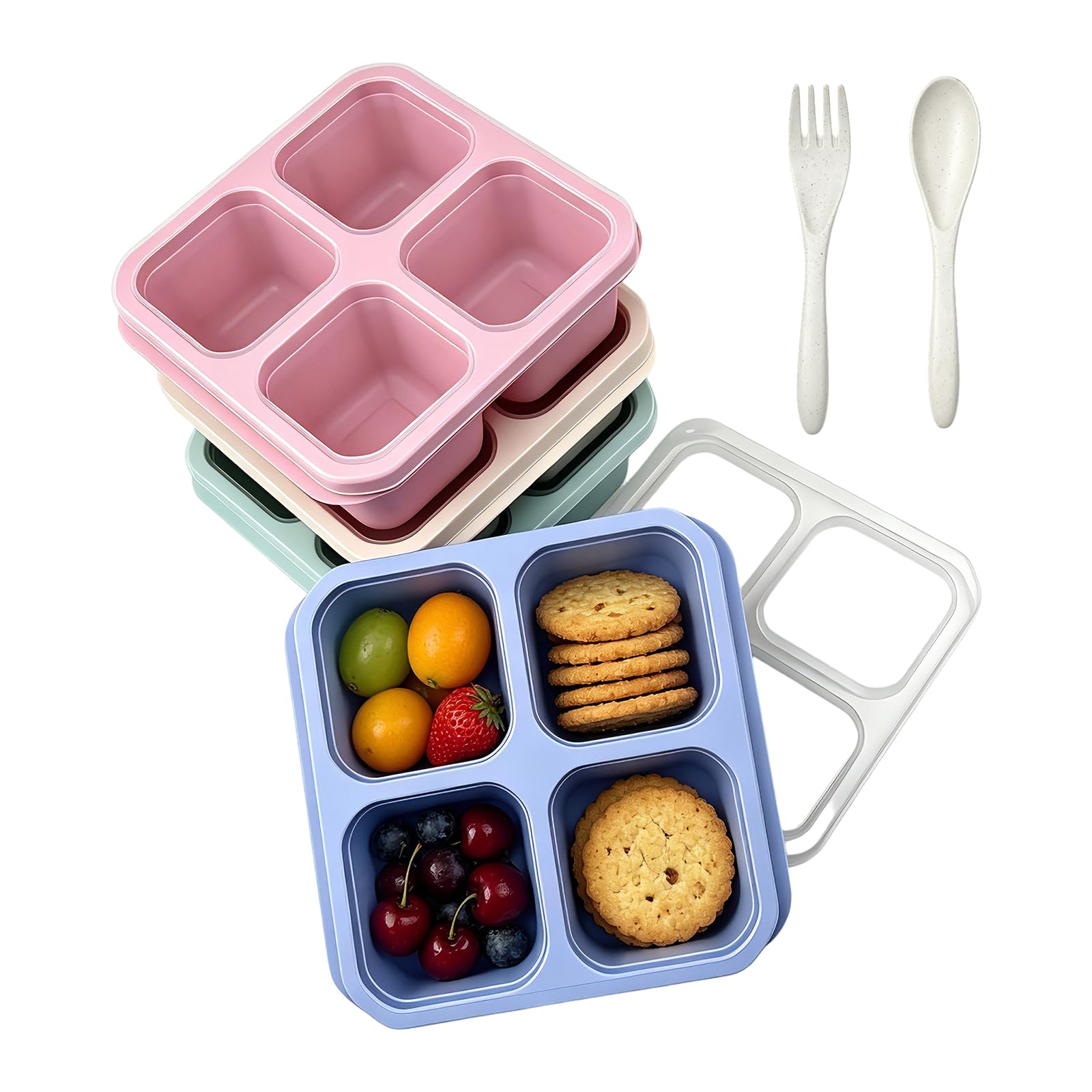 4 Pack Snack Containers, Reusable 4 Compartment Snack Box with Fork Spoon