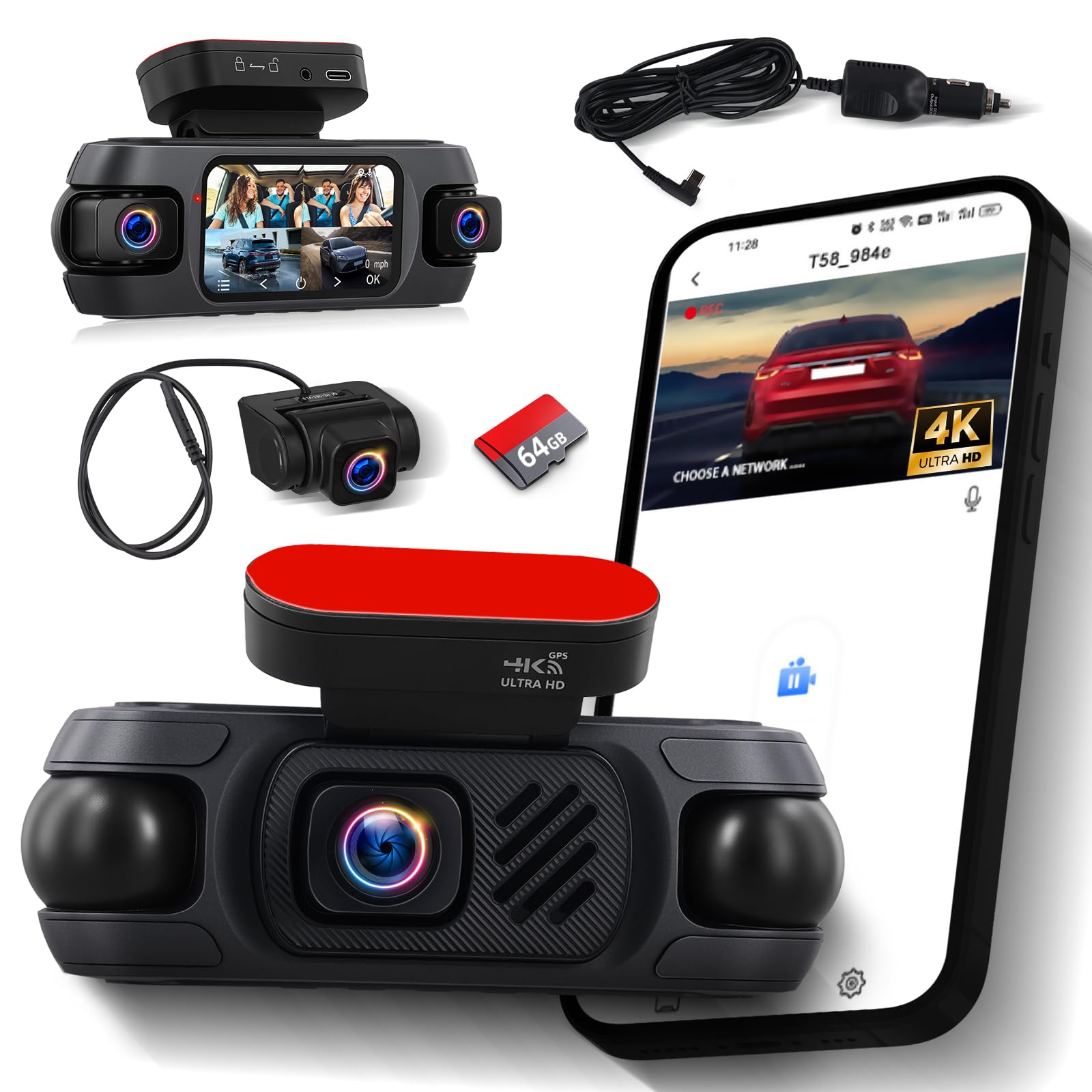NHOPEEW Cámara Frontal y Trasera de 4 Canales para automóviles con Pantalla de 3,16 Pulgadas - Cámara de salpicadero con visión Nocturna 360° 8R, grabación en Bucle y detección de Movimiento
