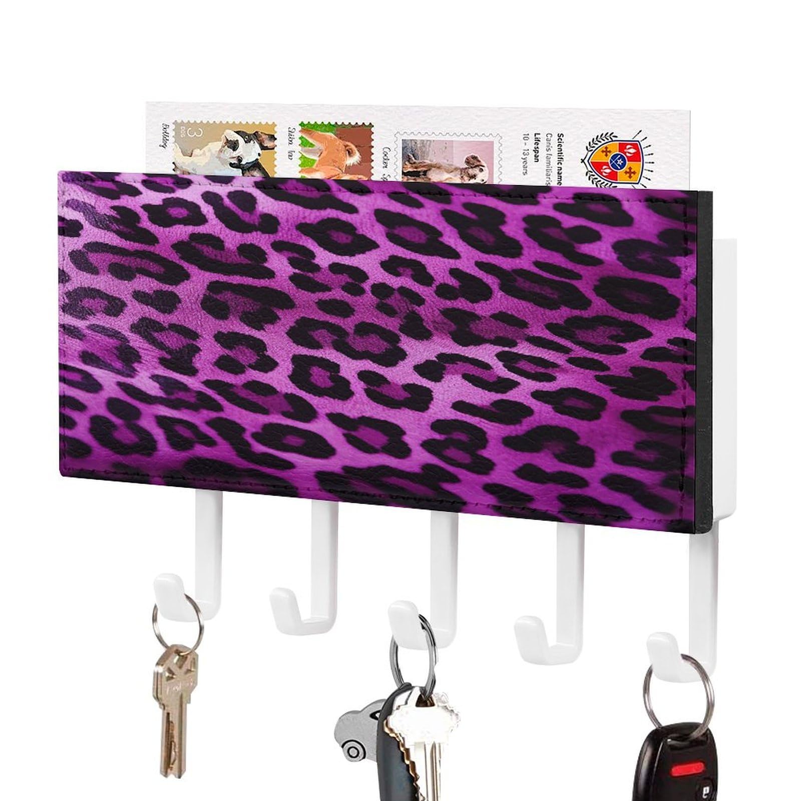 FekiLoot Purple Leopard Key Holder Wall Mount Key Hanger with 5 Hooks Decorative Key Rack Hanging Key Hooks with Mail Organizer Key Holder for Wall Living Room Kitchen Bathroom Hallway White