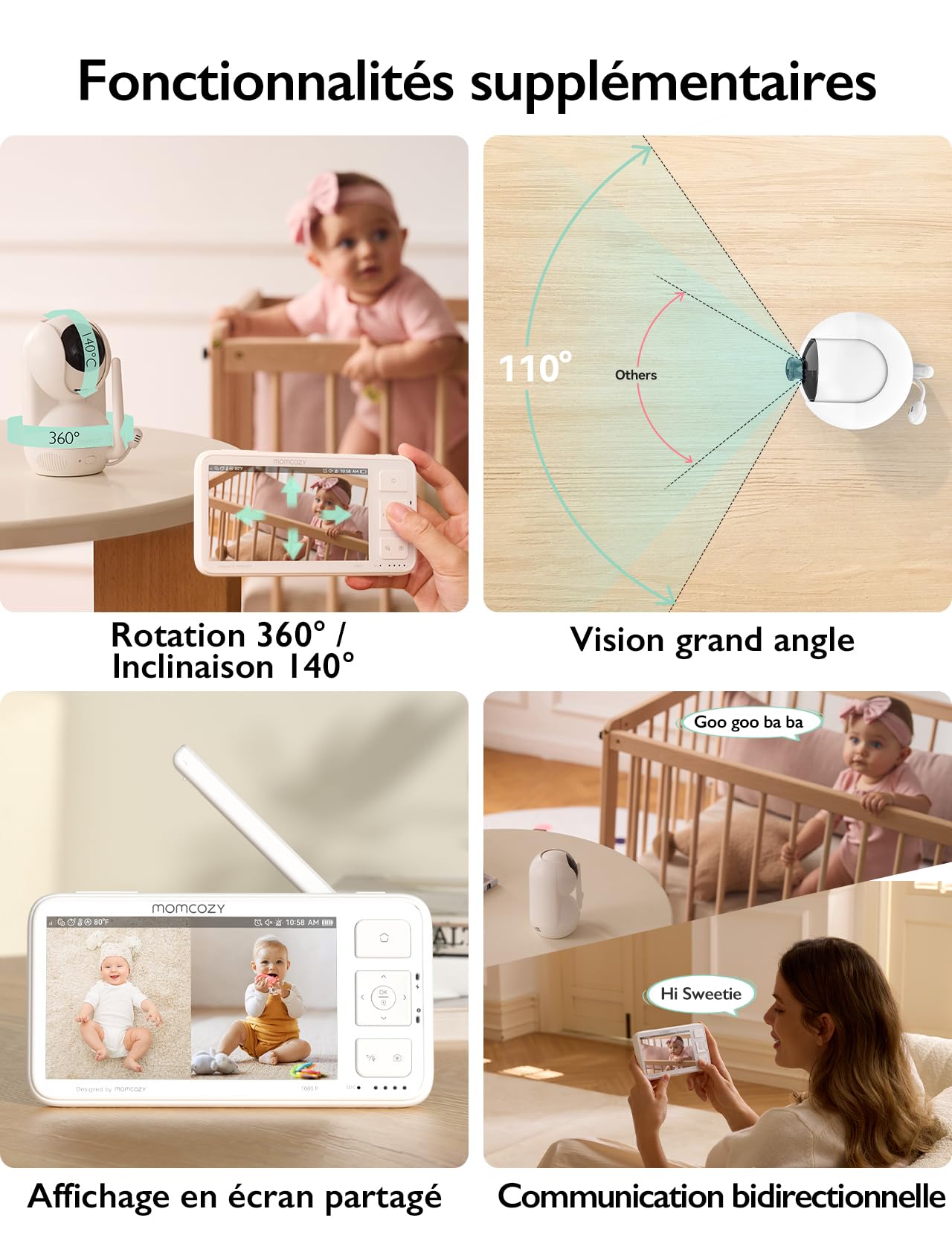 momcozy Babyphone Caméra, Écran 5.5" Full HD 1080P, Vox, Éco | Vision nocturne, Audio bidirectionnel, Sans Wi-Fi, Portée 500m, Photos, Vidéos, Bébé, Nouveau-né, Veille, Cadeau, Lot