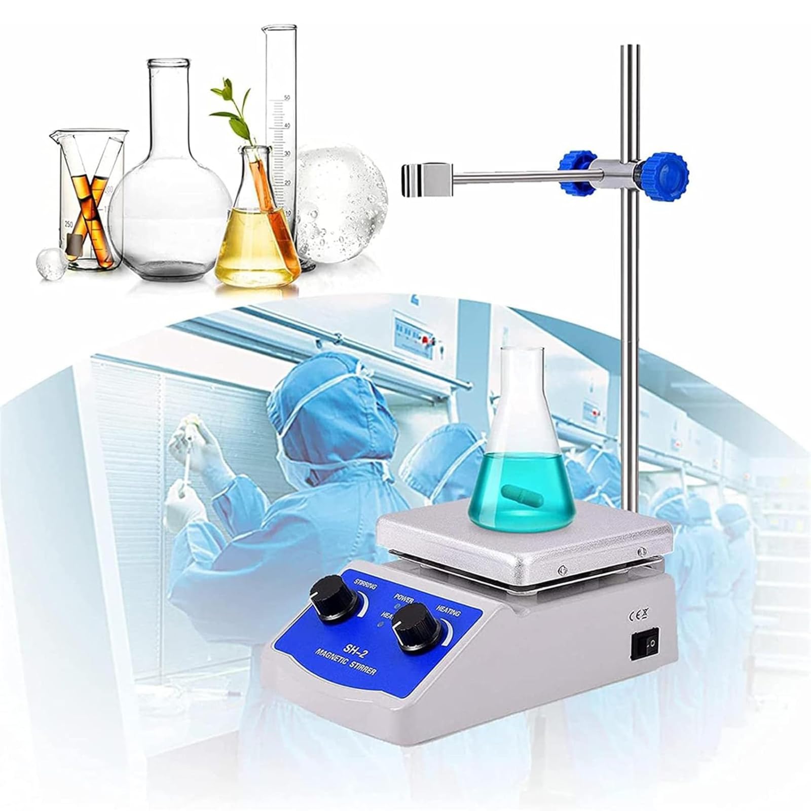 Agitador magnético de 1000 ml con placa caliente, potencia de calefacción de 180 W, velocidad ajustable de 0 a 1600 rpm, incluye barra de agitación y soporte para proyectos de laboratorio y bricolaje