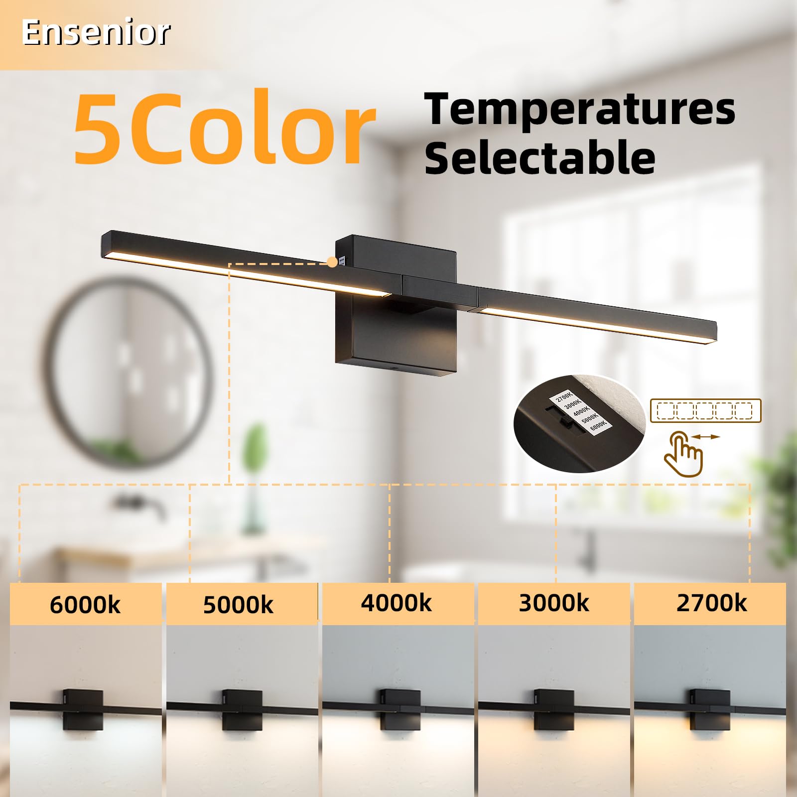 Moderne Badezimmerleuchte, gebürstetes Schwarz, 61 cm, 16 W, Wand-Waschtischlampe über Spiegel, dimmbar, 5 CCT LED-Wandleuchte für Schlafzimmerschränke