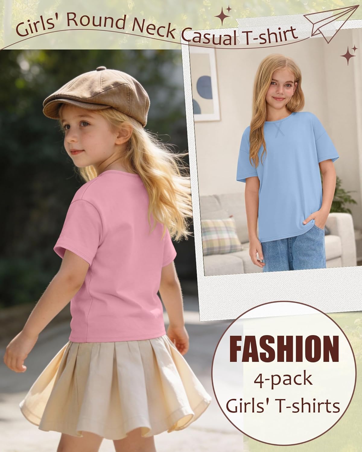 Oakgarden 4 Pack Girls Short Sleeve T-Shirts 5-14Y Crew Neck Drop Shoulder Tops Kids Loose Casual Athletic Basic Shirts Tees
