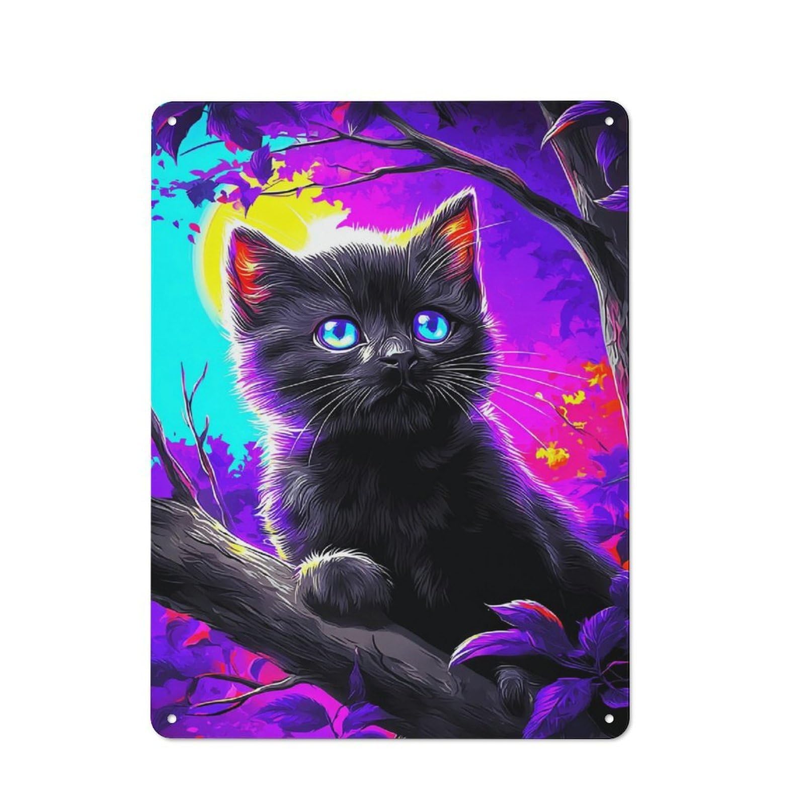 Cottage Tin Sign 40x30cm Featuring Magical Black Cat in Vibrant Forest, Porch Wall Decor for Shed, Garden Room, Porch Or Garage