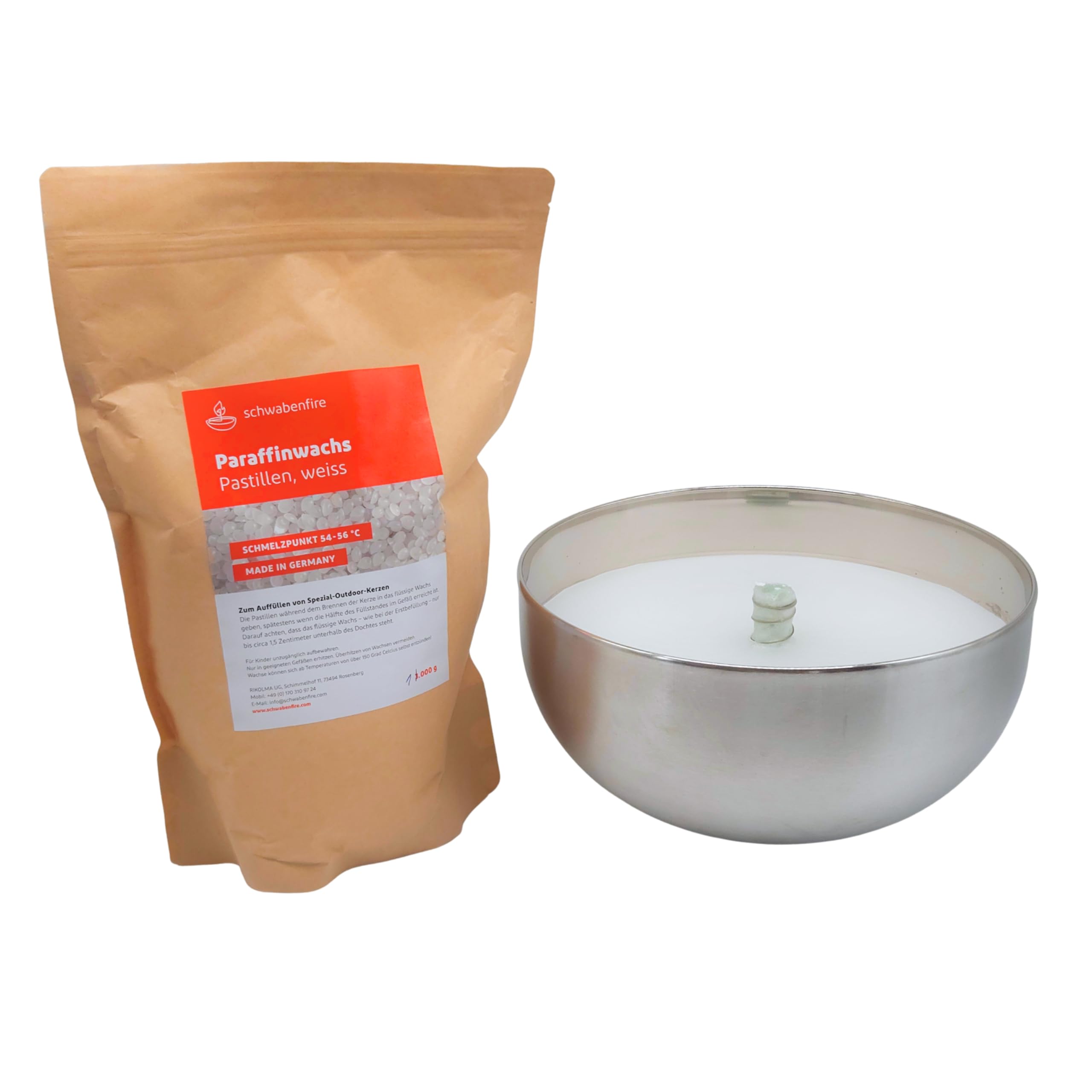 Schwabenfire XL Outdoor Kerze mit Dauerdocht in Edelstahl Schale 23,5cm Balkondekoration Outdoorkerze wiederverwendbar Geschenke für Frauen Schwabenfeuer große Kerze 100% Handgemacht in Deutschland