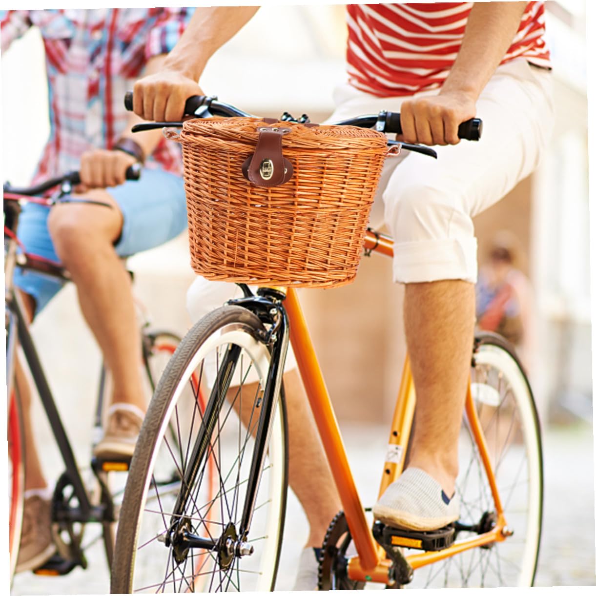 FOMIYES Cestino per Bicicletta Anteriore in Vimini Marrone con Coperchio e Manico, Cestino Intrecciato Resistente per Bici da Città e Mountain Bike