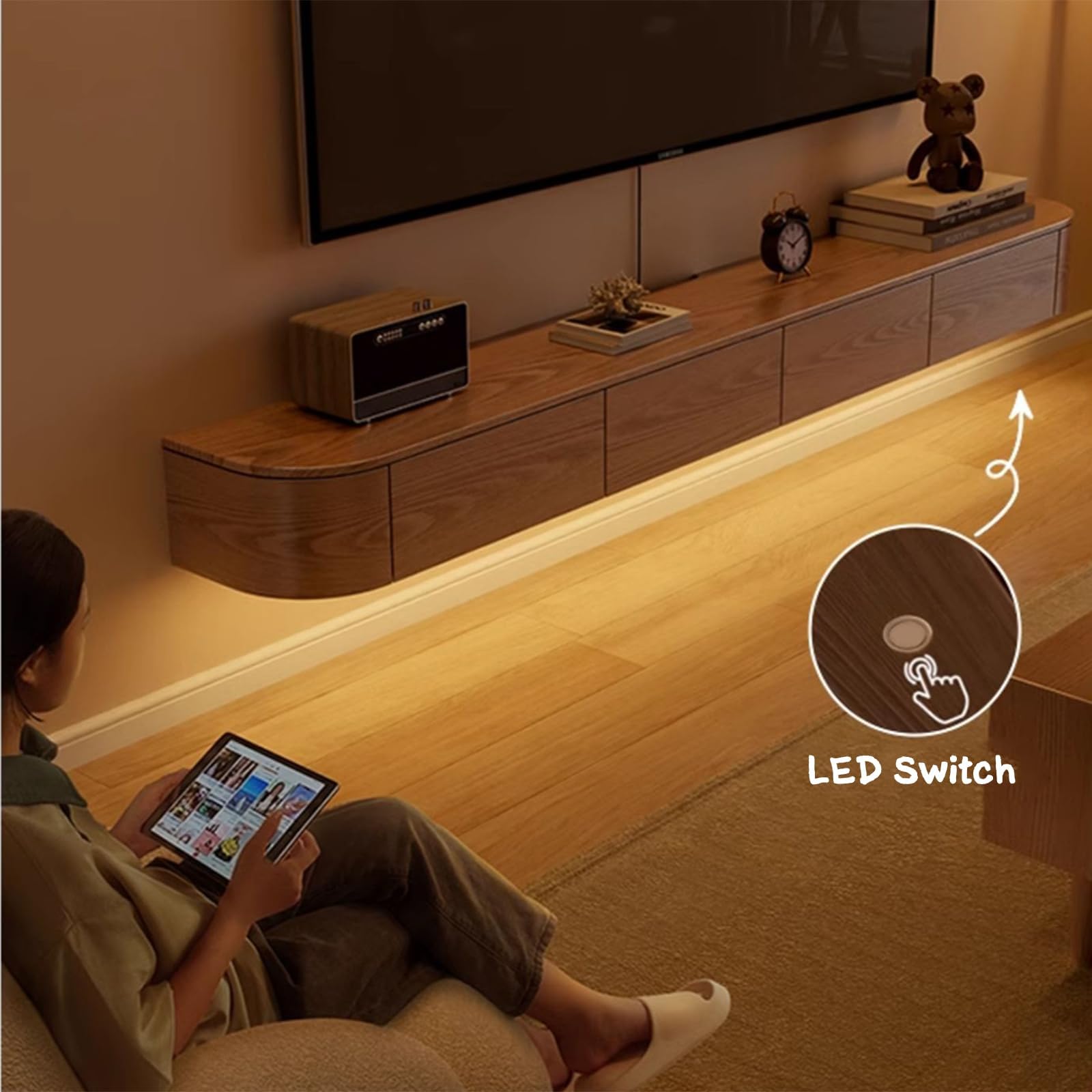Schwebender TV-Ständer Aus Massivholz, Hochglanz-TV-Wandschrank, Schwebende TV-Regale Mit Tür Und Schubladen, Moderne Entertainment-Medienkonsole (Braun + LED, 240 cm)