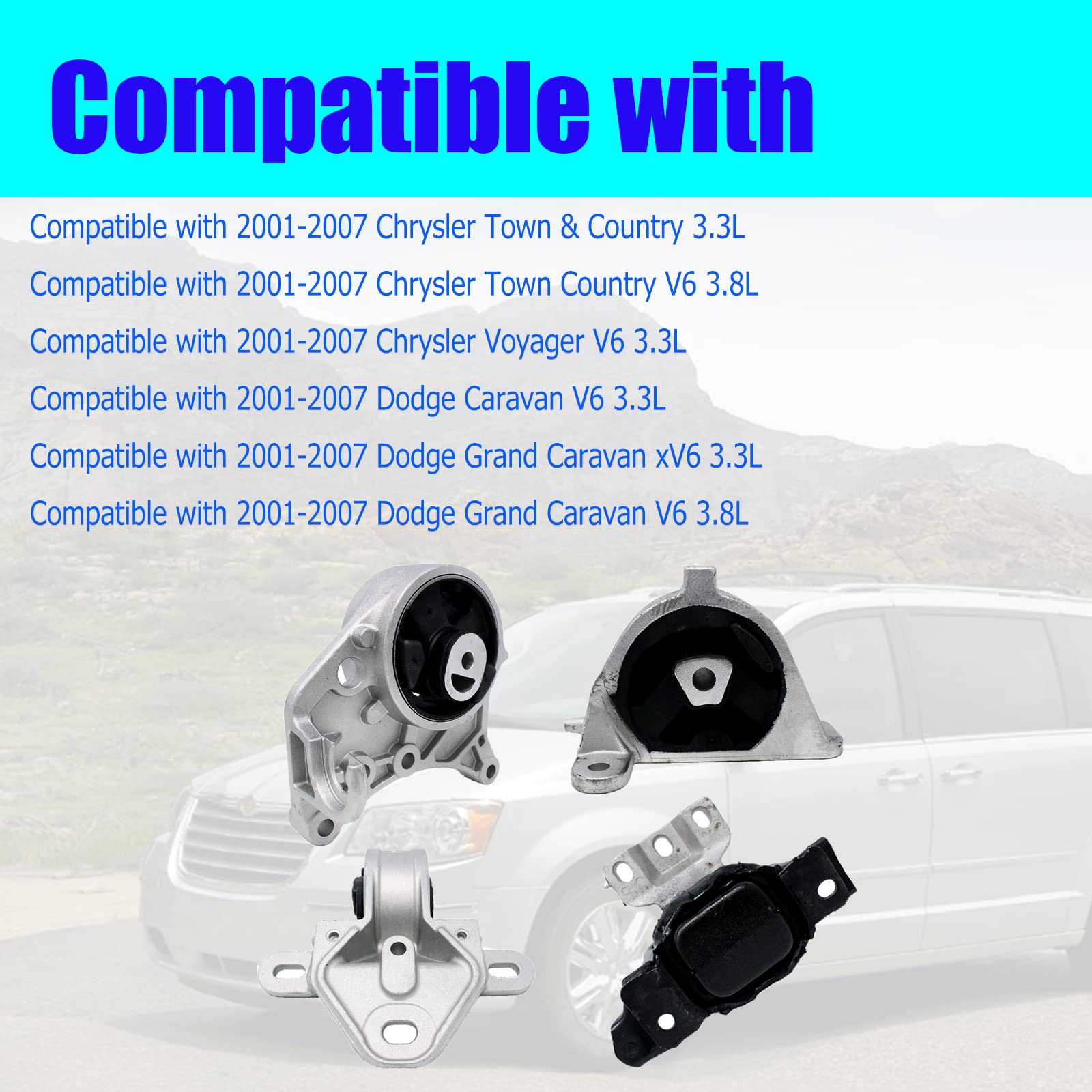 Motor Mount Compatible with 2001-2007 Chrysler Town & Country 3.3L 3.8L/2001-2007 Dodge Caravan 3.3L/Dodge Grand Caravan 3.3L 3.8L, Engine Motor and Trans Mount Set of 4: A2928 A2926 A2925 A2927