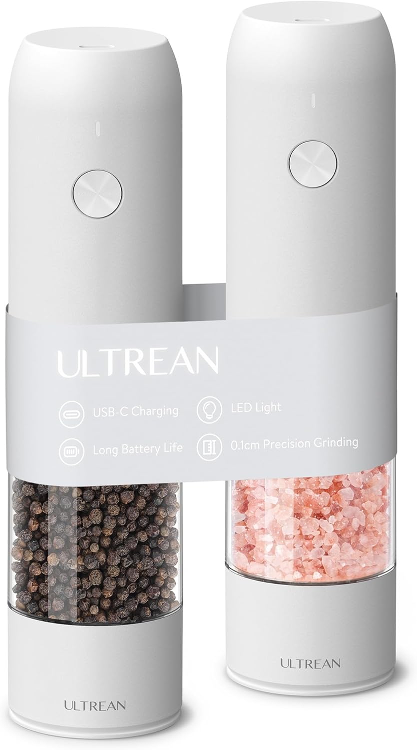 Ultrean Electric Pepper Grinder, Rechargeable Salt and Pepper Grinder with 6 Adjustable Coarseness, LED Light, Automatic Grinder for Kitchen, Valentines Day Gifts for Him Her Mom Dad, White
