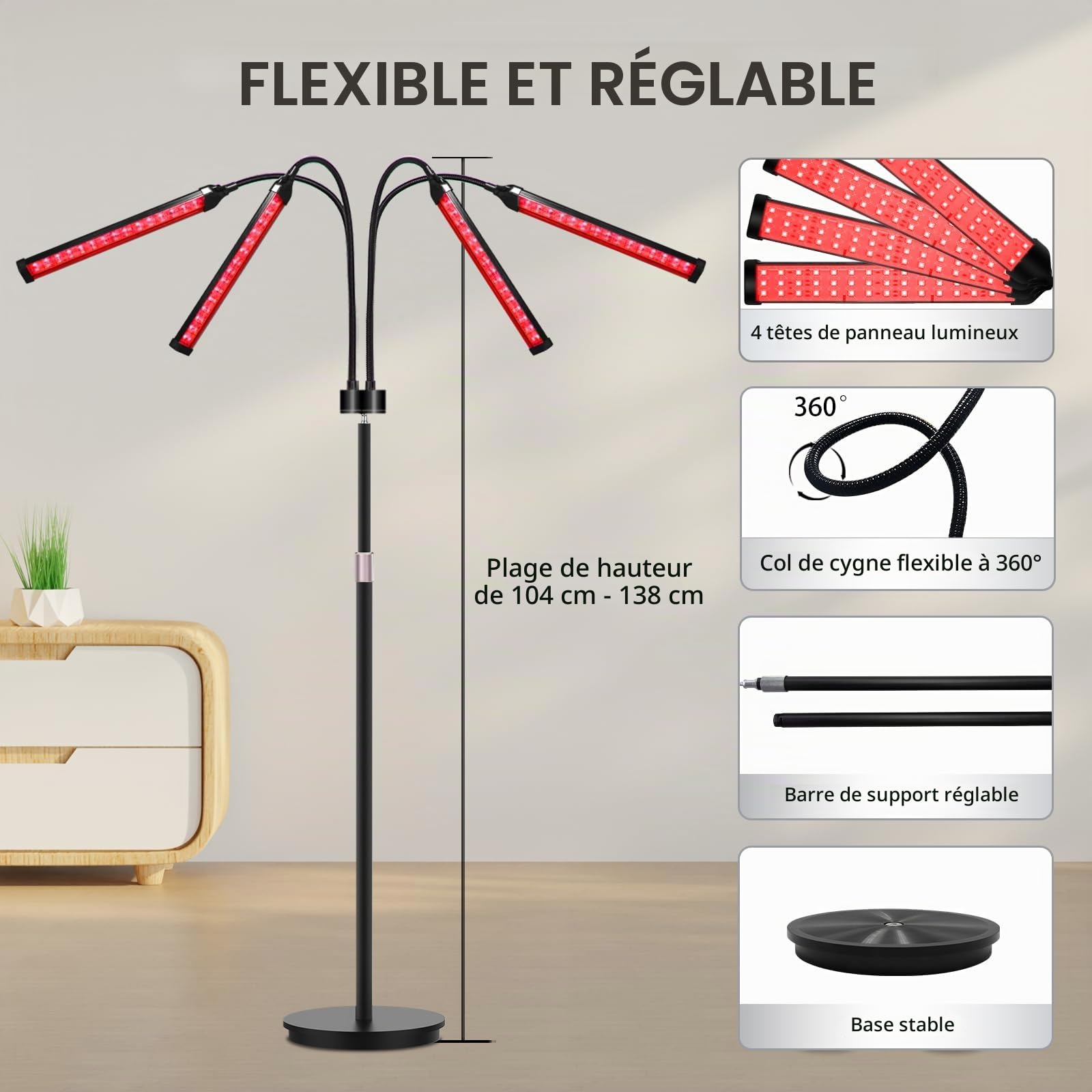 Lampe à 4 têtes avec support - 180 LED, 660 & 850 & 940 - Lumière infrarouge proche avec minuterie 10/20/30 minutes et 5 niveaux de luminosité réglables pour une utilisation à la maison et