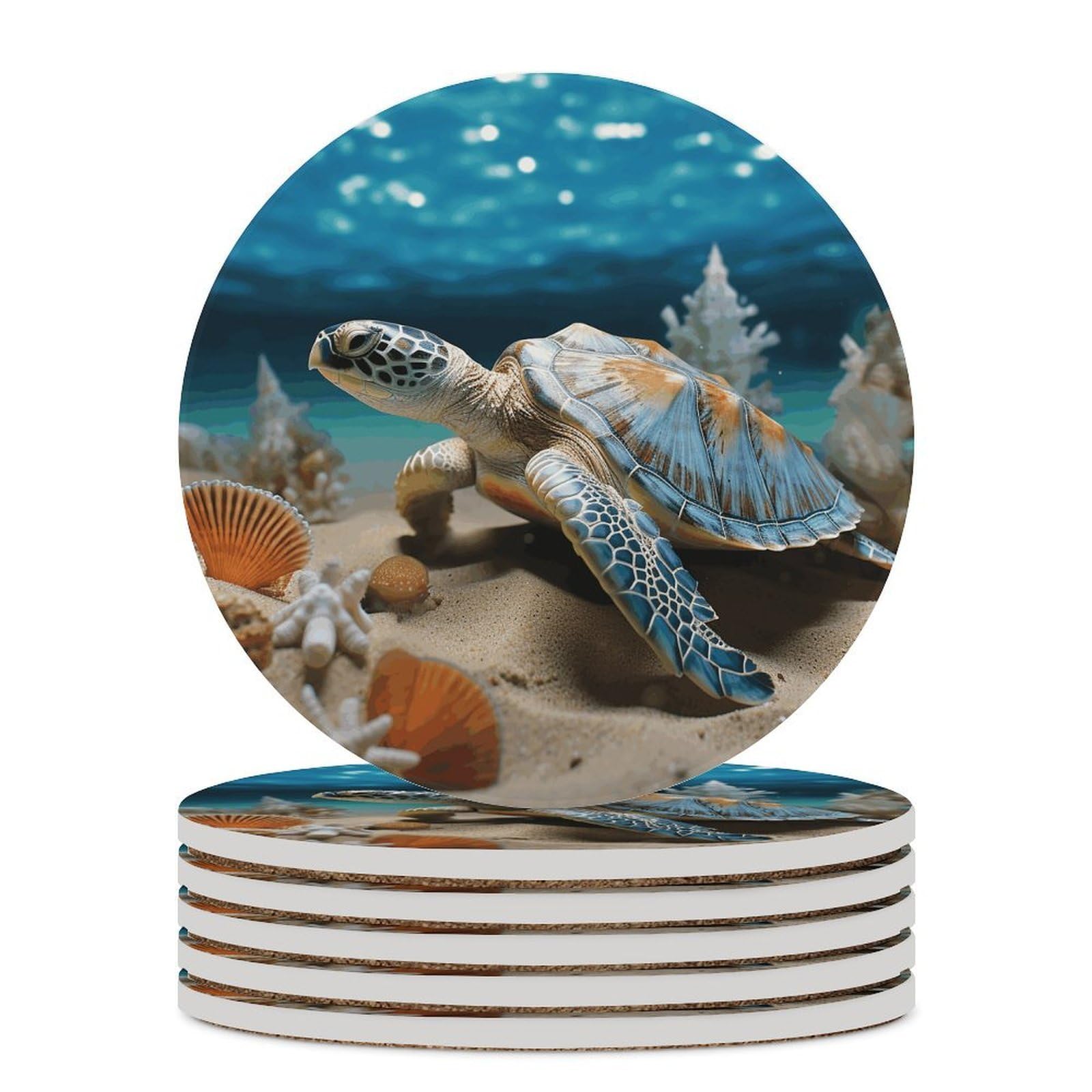 Khauerbc Style Sea Conch Shell Starfish Turtle Drink Coasters With Holder For Coffee Table,Ceramic Coaster With Cork Base,Ceramic Stone Coaster For Iced Cold Or Hot Drinks,4.1 Inches