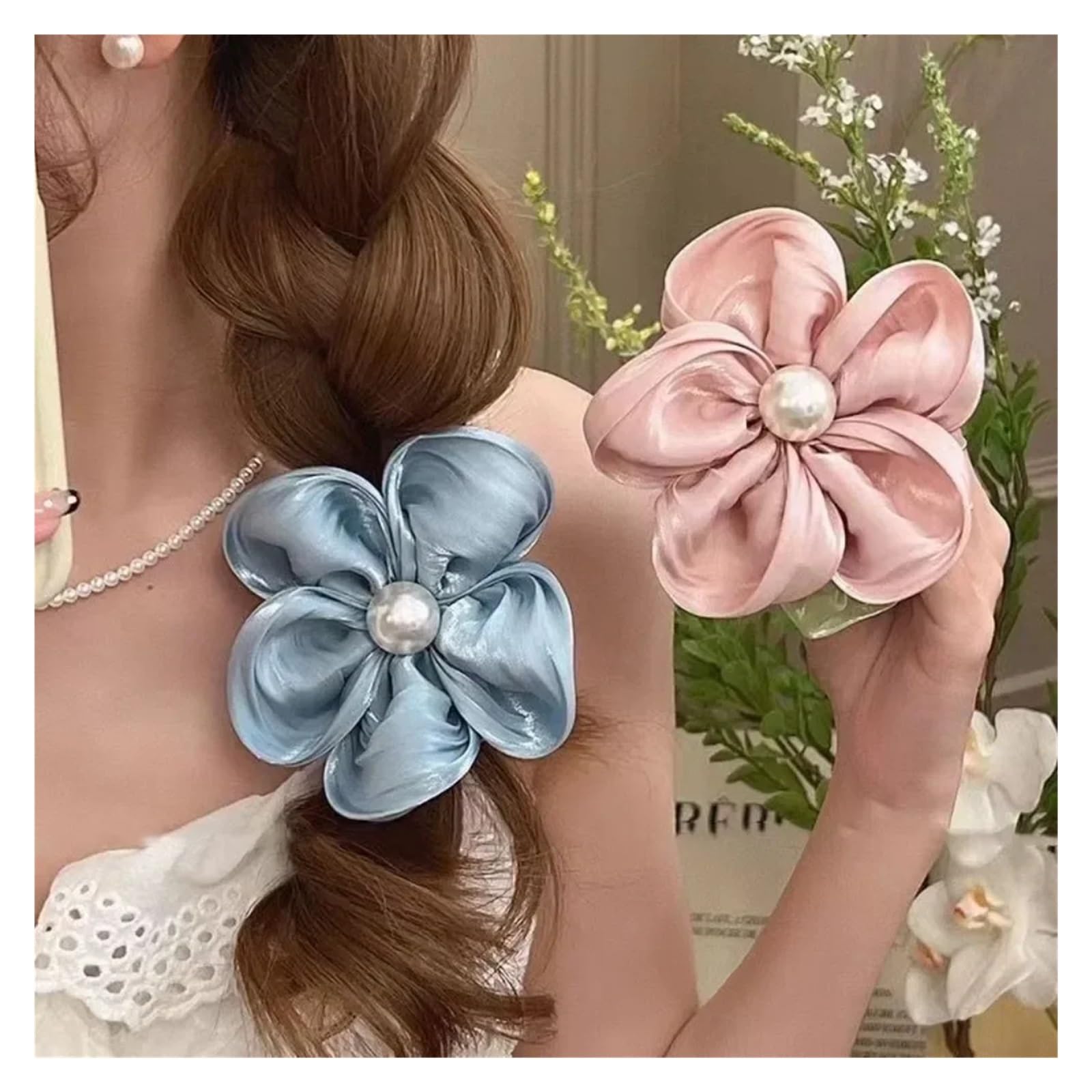 Coleteros Pelo Mujer 4 piezas elegantes de cuerdas for el cabello con flores perla, coleteros elásticos organza, accesorios for, tocados(Orange)