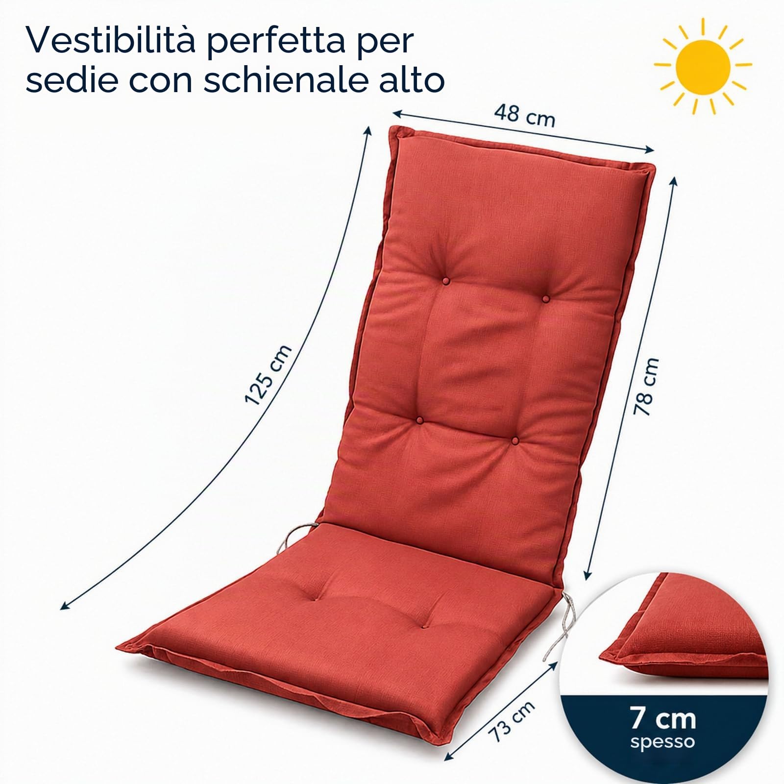 BURI 6 cuscini per sedia da giardino con schienale alto, 117 x 49 x 6 cm, resistenti alle intemperie, con anima in schiuma e tessuto non tessuto, cinghie di fissaggio e laccetti, comodi cuscini per