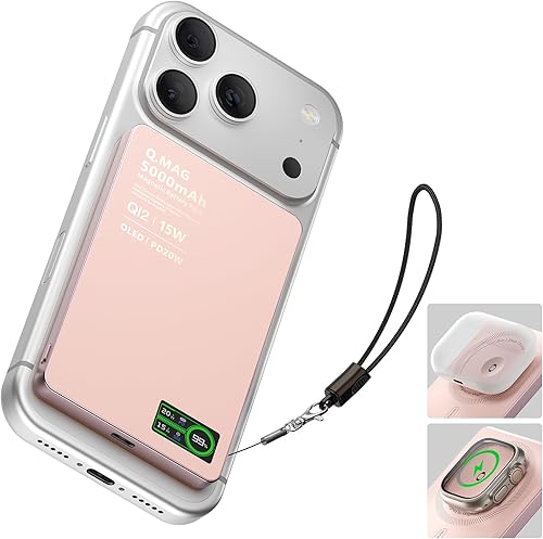 BLACPAI - Banco de energía magnético con cargador iWatch, ultra delgado de 5000 mAh Qi2 15 W, batería inalámbrica Mag-Safe con pantalla LCD,