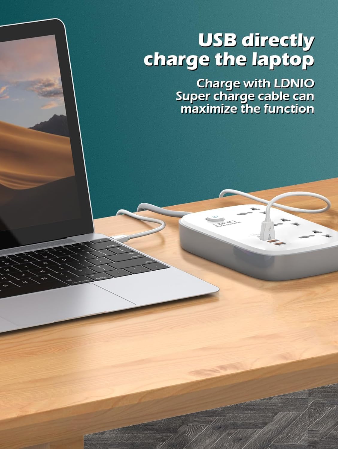 LDNIO SC3416 Power Strip with 3 Universal Outlets and USB ports, connected to a laptop and phone.
