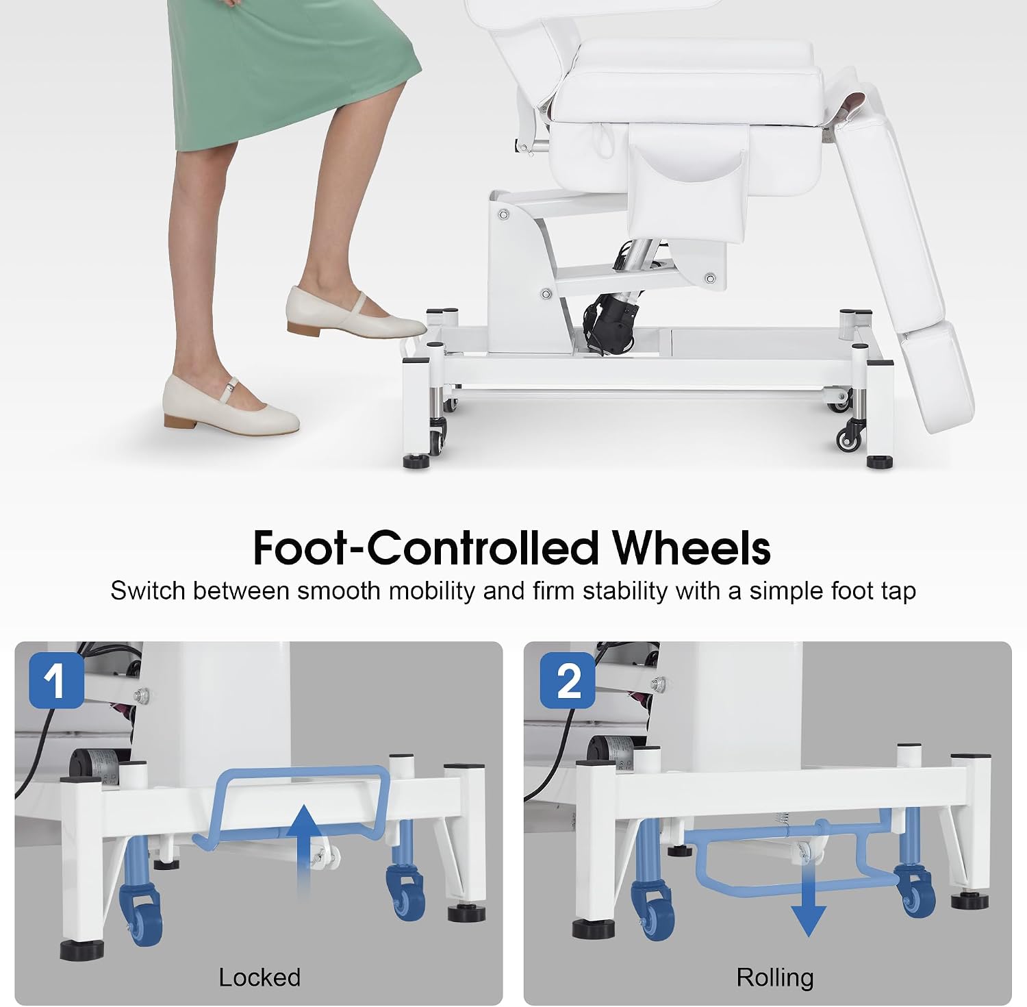 BarberPub Fully Electric Beauty Bed, 3-Motor Salon Spa Chair with Foot-Controlled Wheels, Adjustable Height, Backrest & Leg Rest – PVC Leather, Professional Facial & Treatment Table 2754 (White)