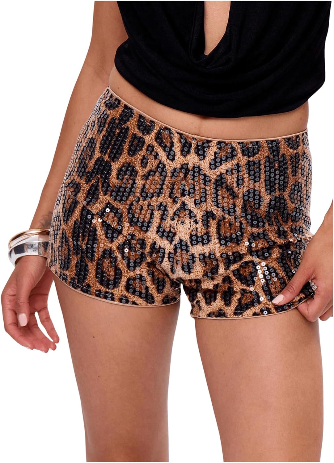 SHENHE Women's Cheetah Print Shorts Y2k High Waisted Sparkly Sequin Mini Micro Shorts