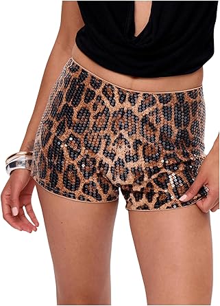 SHENHE Womens Cheetah Print Shorts Y2k High Waisted Sparkly Sequin Mini Micro Shorts