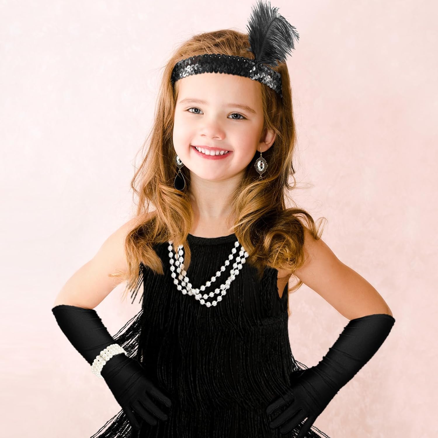 Xaatren 6 Pcs Girls 1920s Flapper Dresses Costume Set Roaring 20s Gifts Accessories Kids Birthday Party
