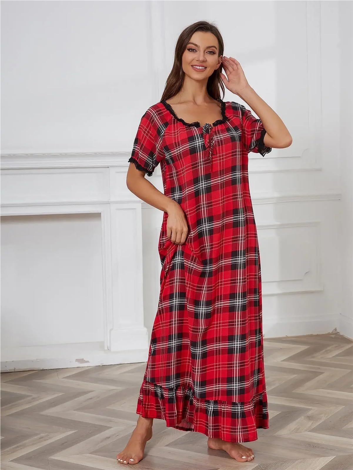 Camicia da Notte Pigiama da Donna con Camicia da Notte da Annodare, Maniche Corte, Pigiama con Orlo Lungo e Volant for la casa per Le Donne(XXL)
