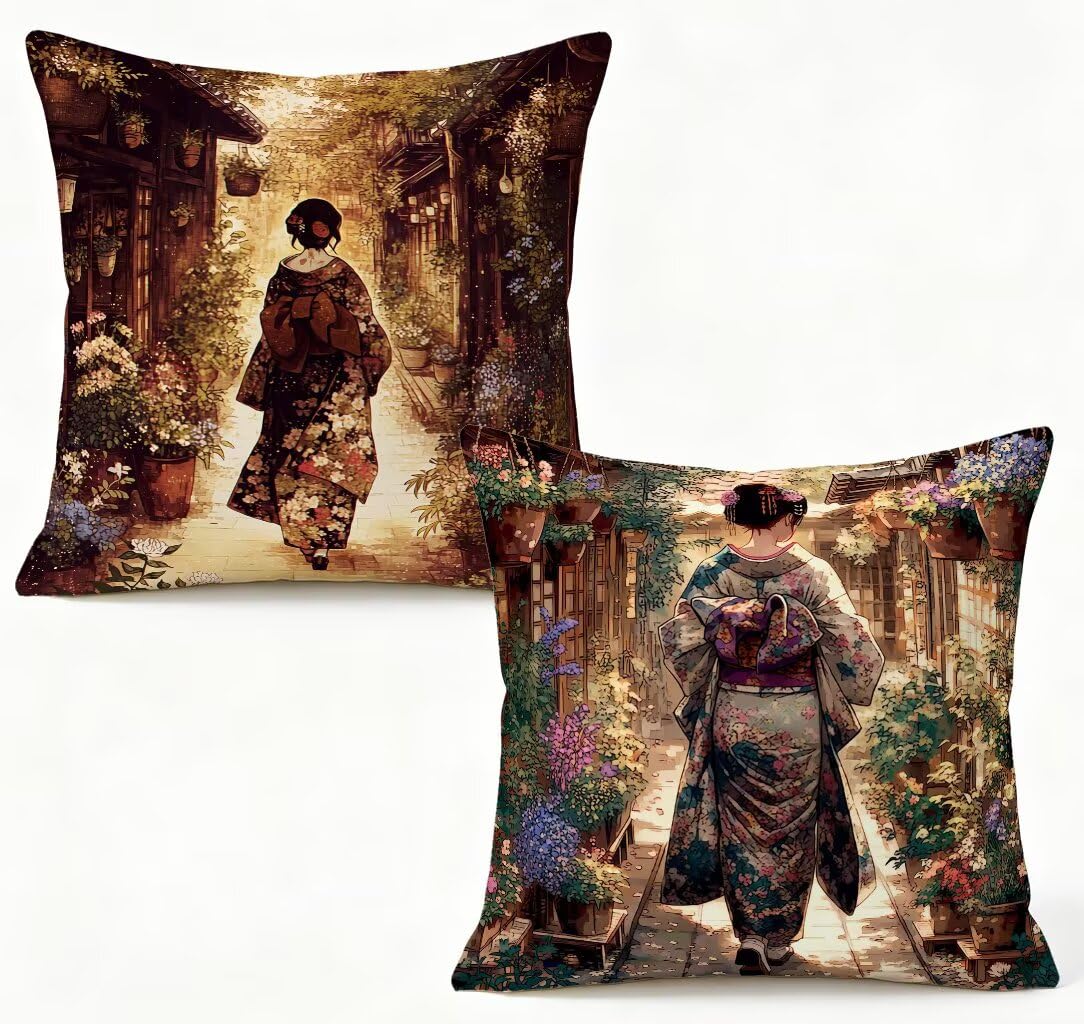 Funda de Almohada 65 x 65 Juego de 2 Cojines Sofa Geisha, Funda Cojín 65x65 cm Cojines Cama Calle Decorative Pillows Lino Impresión HD a Doble Cara para Decoracion Hogar, Regalos Mujeres 3-DR79TX