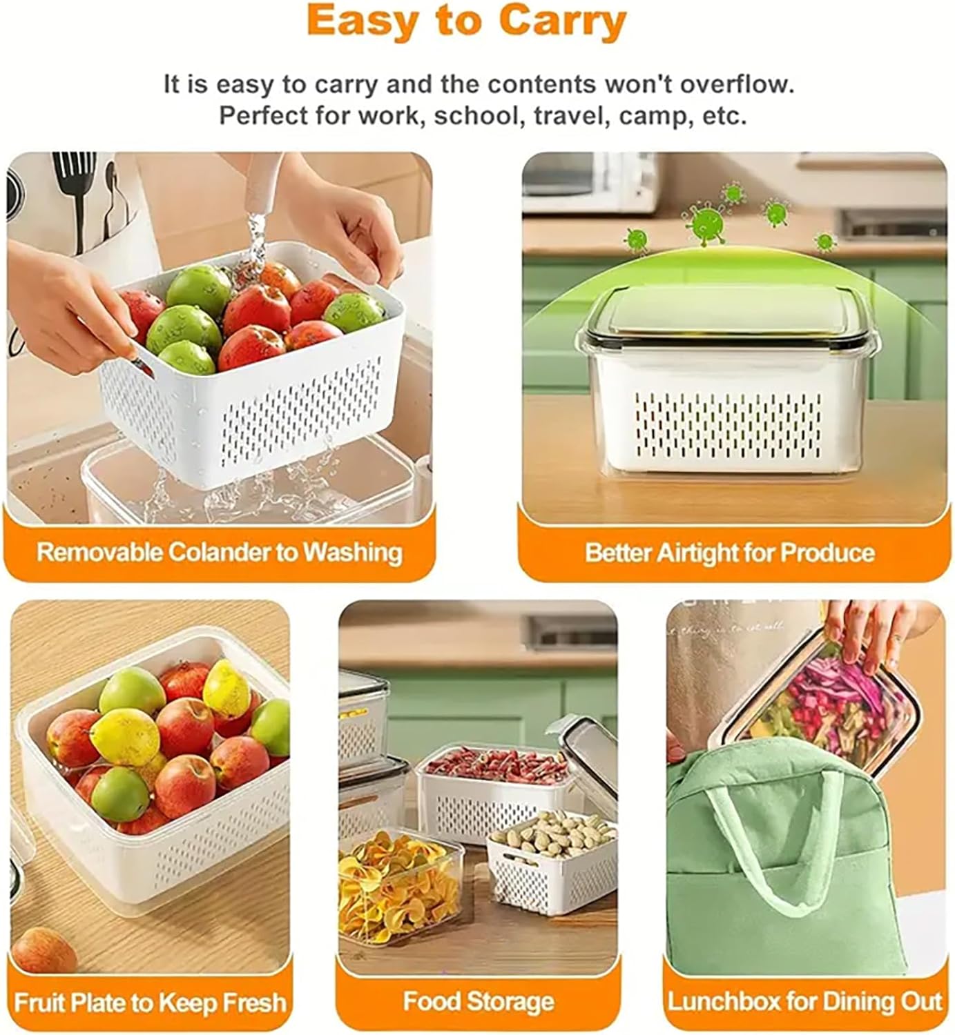 3Pcs Fruit Containers for Fridge with Removable Colanders and Lids, Airtight Storage Container to Keep Fruits, Vegetables, Berry, Meat Fresh Longer, Dishwasher & Microwave Safe