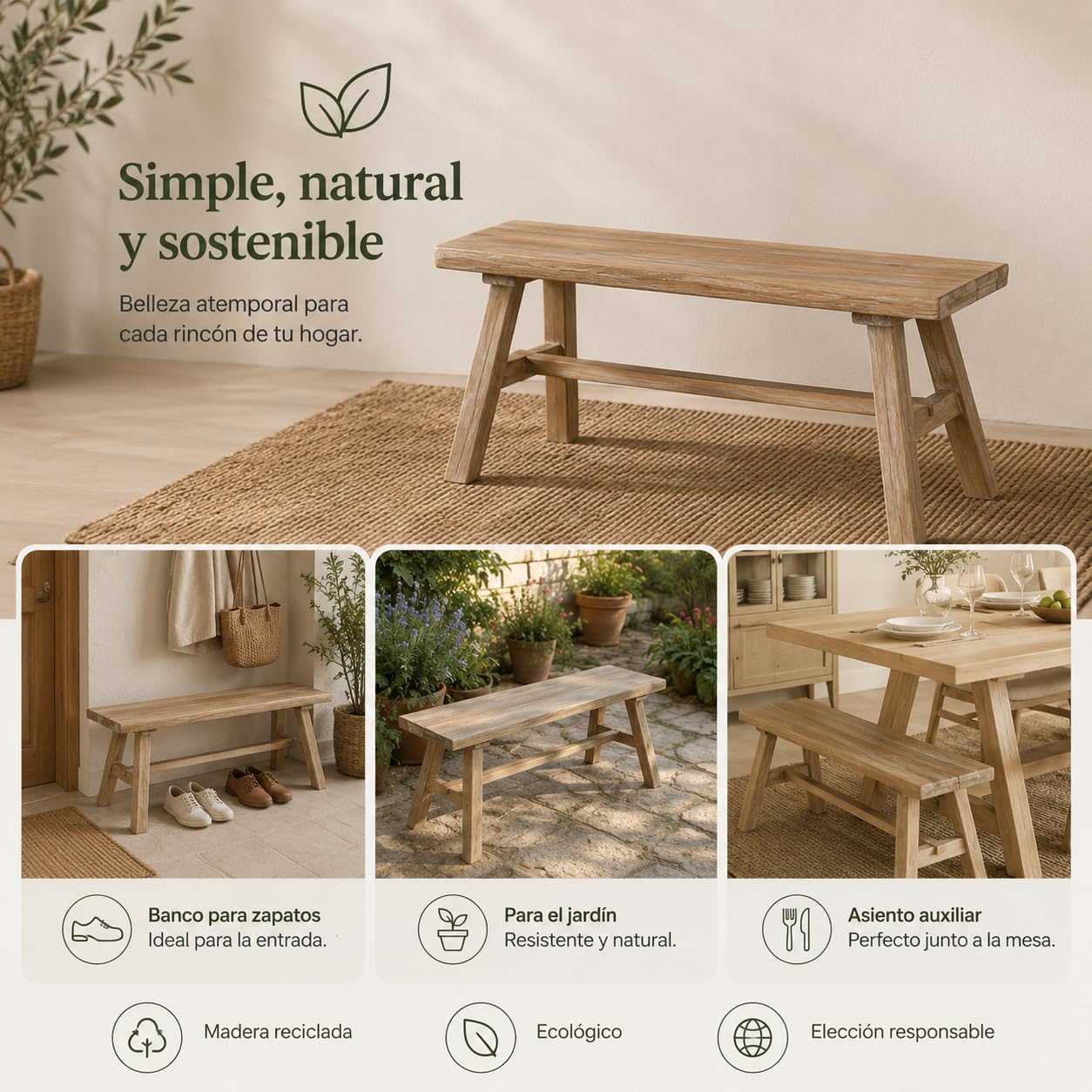 Banco Madera Maciza de Estilo WABI Sabi-Banqueta de Madera Envejecida con Diseño Rústico-Asiento de Madera Natural para Recibidor, Salón, Dormitorio, Comedor y Pasillo 100x32x41cm XZ-24895