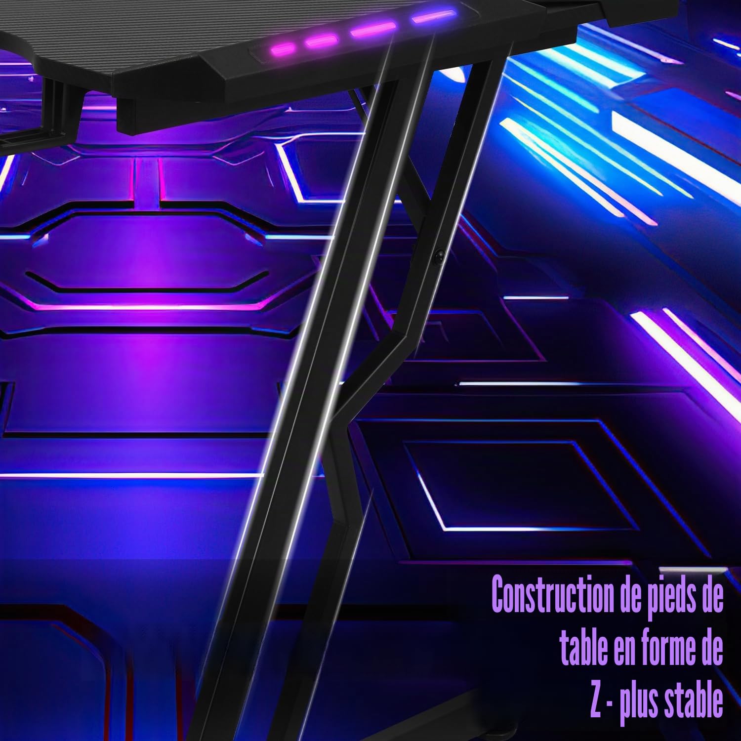 Bureau Gaming LED 140 x 60cm, Grande Bureau Gamer avec Un Plateau en Fibre de Carbone, Bureau Informatique Ergonomique avec Tapis de Souris, Porte-gobelet et Crochet pour Casque, Noir