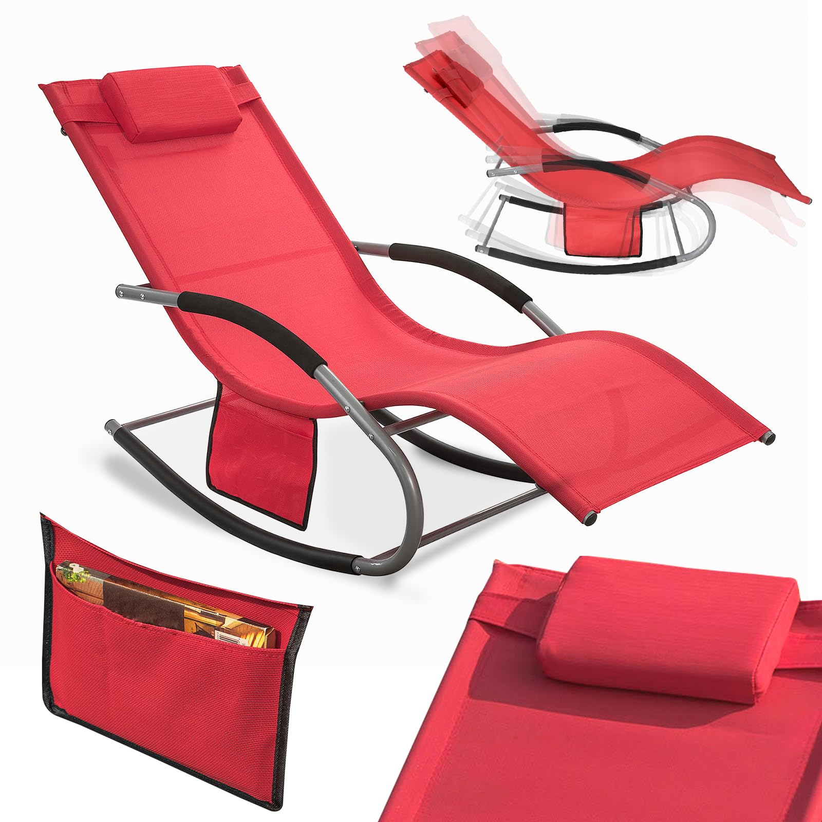 SoBuy Sonnenliege Gartenliege wetterfest Liegestuhl Schaukelstuhl mit Kopfkissen Relaxliege Schaukelliege Strandliege Outdoor Terrasse Balkon Camping bis 150 kg Rot Gartenmöbel OGS28-R