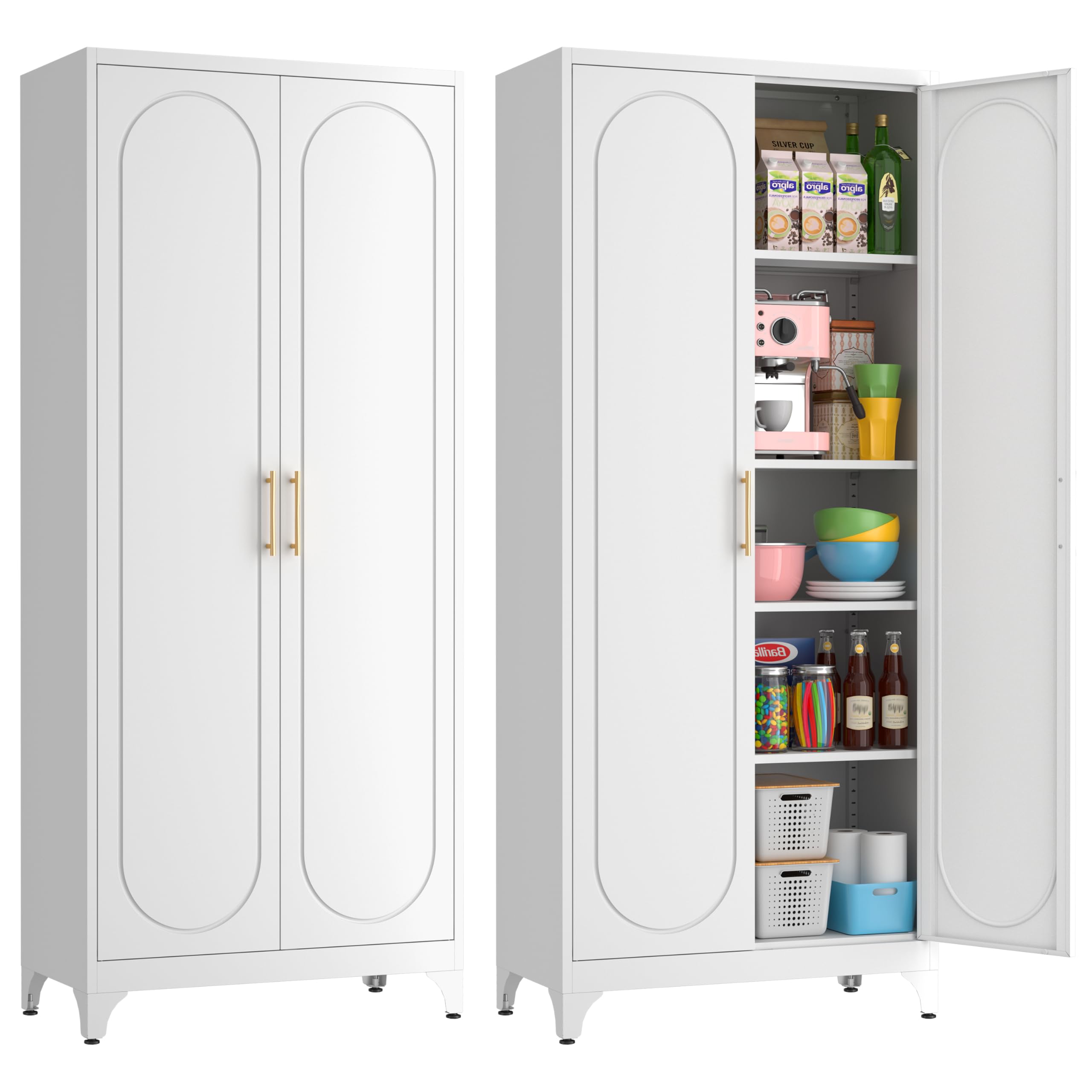 Kubohogar 75" Tall Kitchen Pantry Cabinet with 2 Doors and 4 Adjustable Shelves, White Metal Storage Cabinets, Kitchen Cupboard for Dinning Living