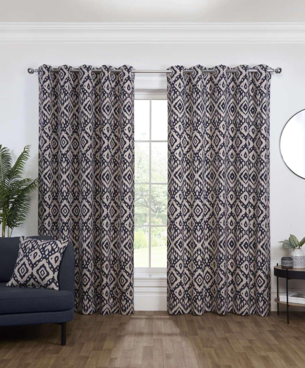 Pikk - Fully Lined Marrakech - Geometric Fully Lined Curtains - 40mm Eyelet Header - Polycotton (Navy, 46" x 54" / 113cm x 137cm)