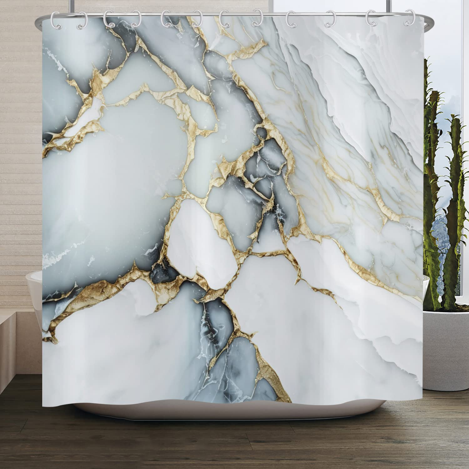 ASDCXZ Shower Curtain Marble 150x180 cm, Modern Abstract White Gold Cyan Marble Optic Texture Washable Bath Shower Curtains Polyester Textile Waterproof Shower Curtain for Bathtub with 10 Hooks