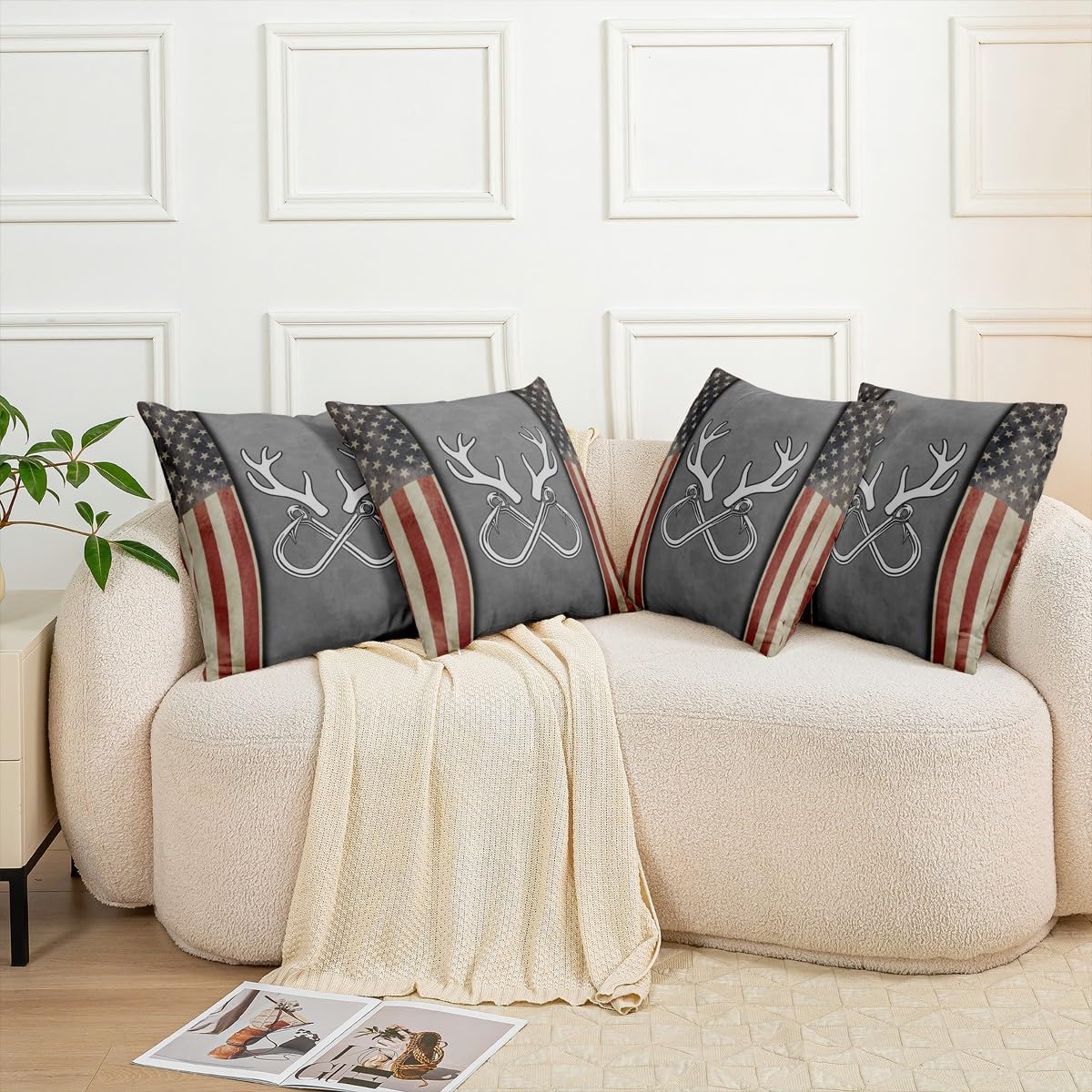 Camouflage Patchwork Cabin Farmhouse 22"x 22" Pillow Cover for Sofa Bed,Retro American Flag Throw Pillow Case Cover,Fishing Lures Hook Hunting Double Sides Print Cushion Cover,2 Pack